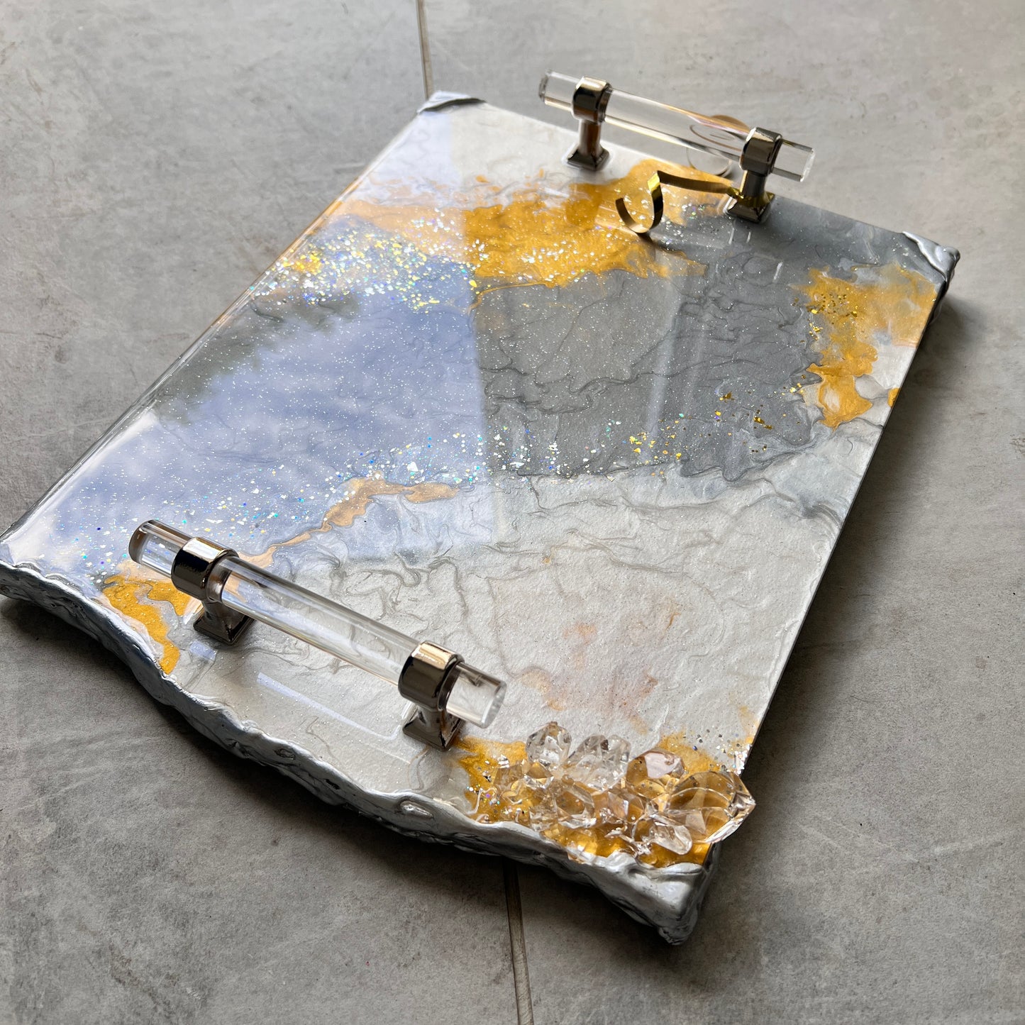 Medium neutral luxury tray with silver lucite handles