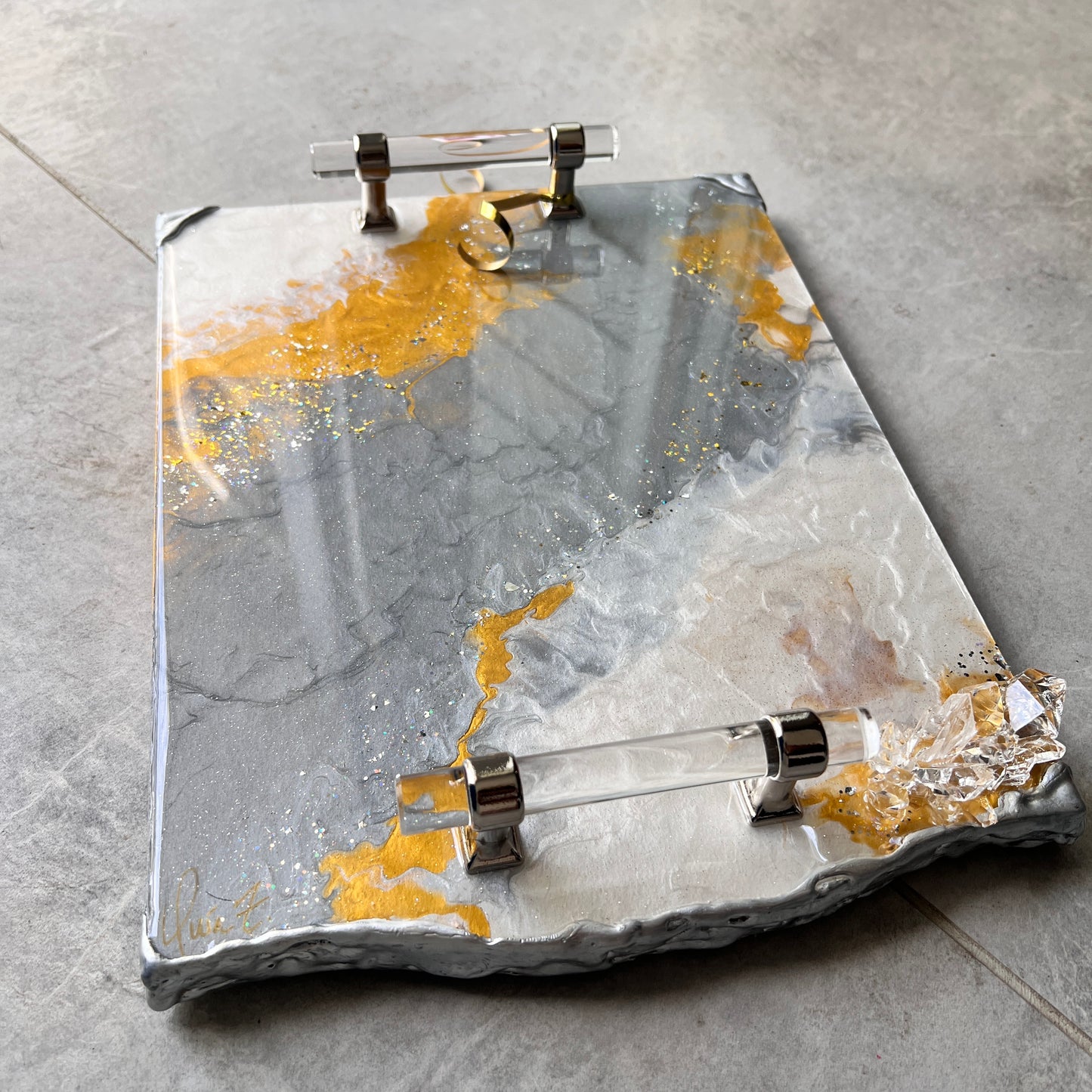 Medium neutral luxury tray with silver lucite handles