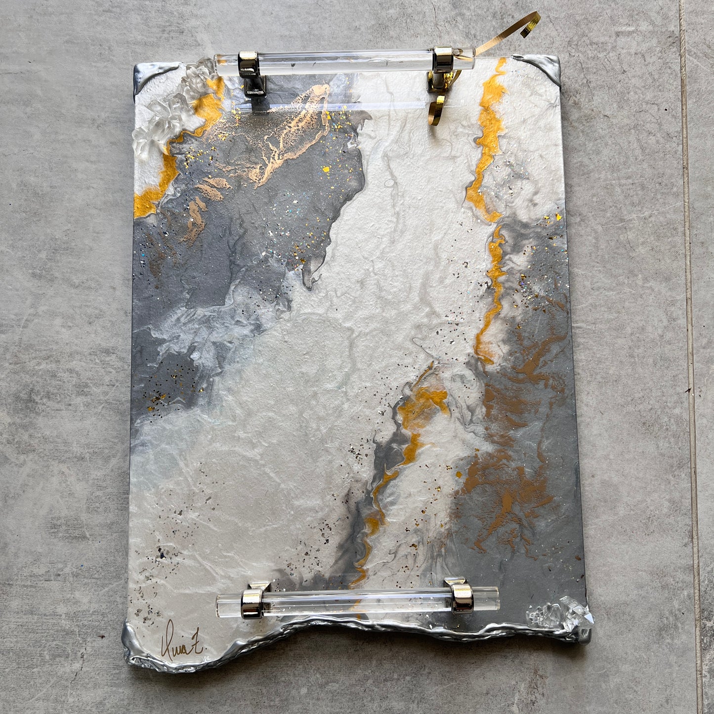 Neutral luxury tray with silver lucite handles