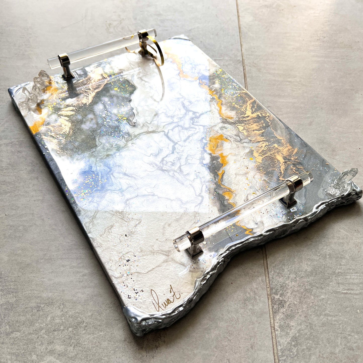 Neutral luxury tray with silver lucite handles