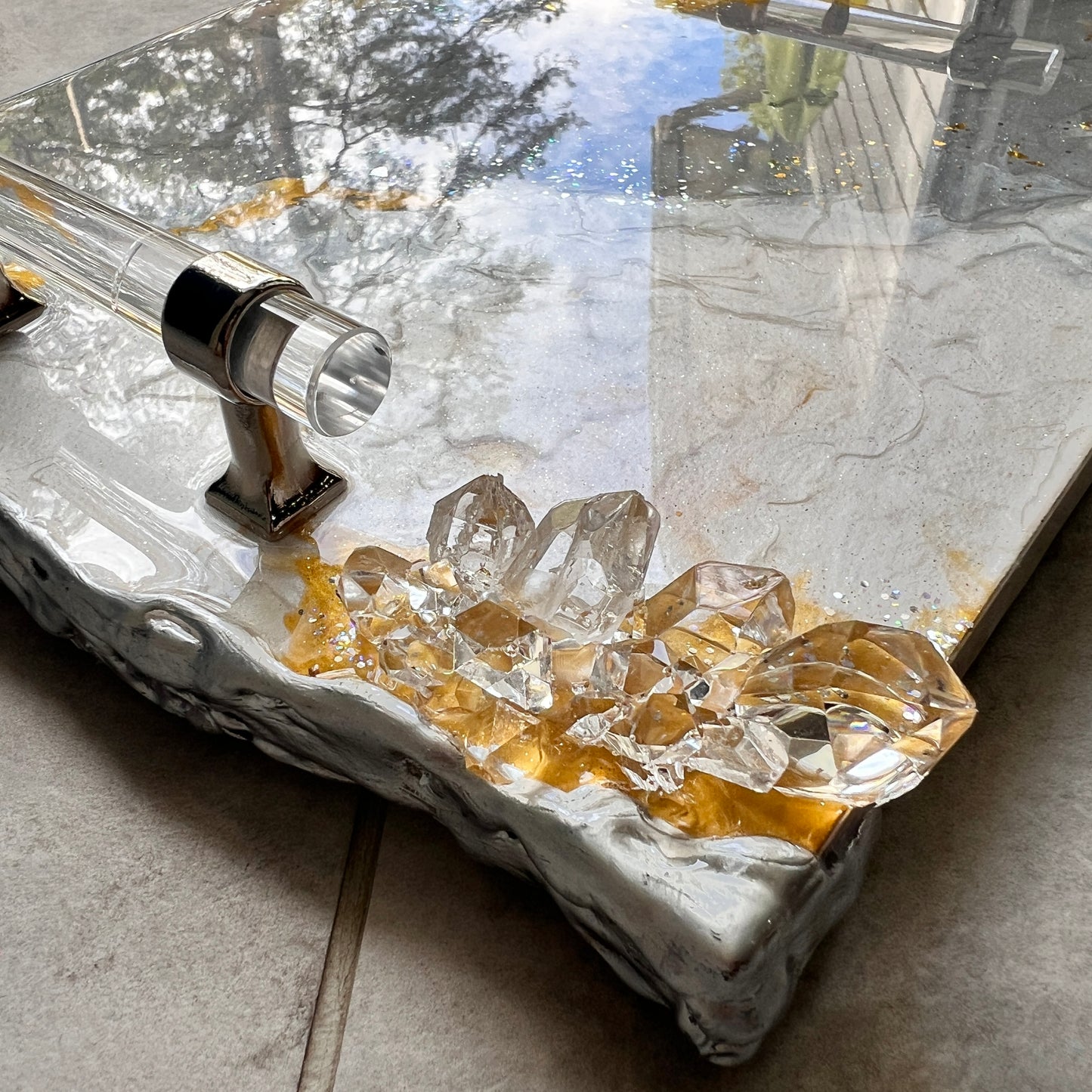 Medium neutral luxury tray with silver lucite handles