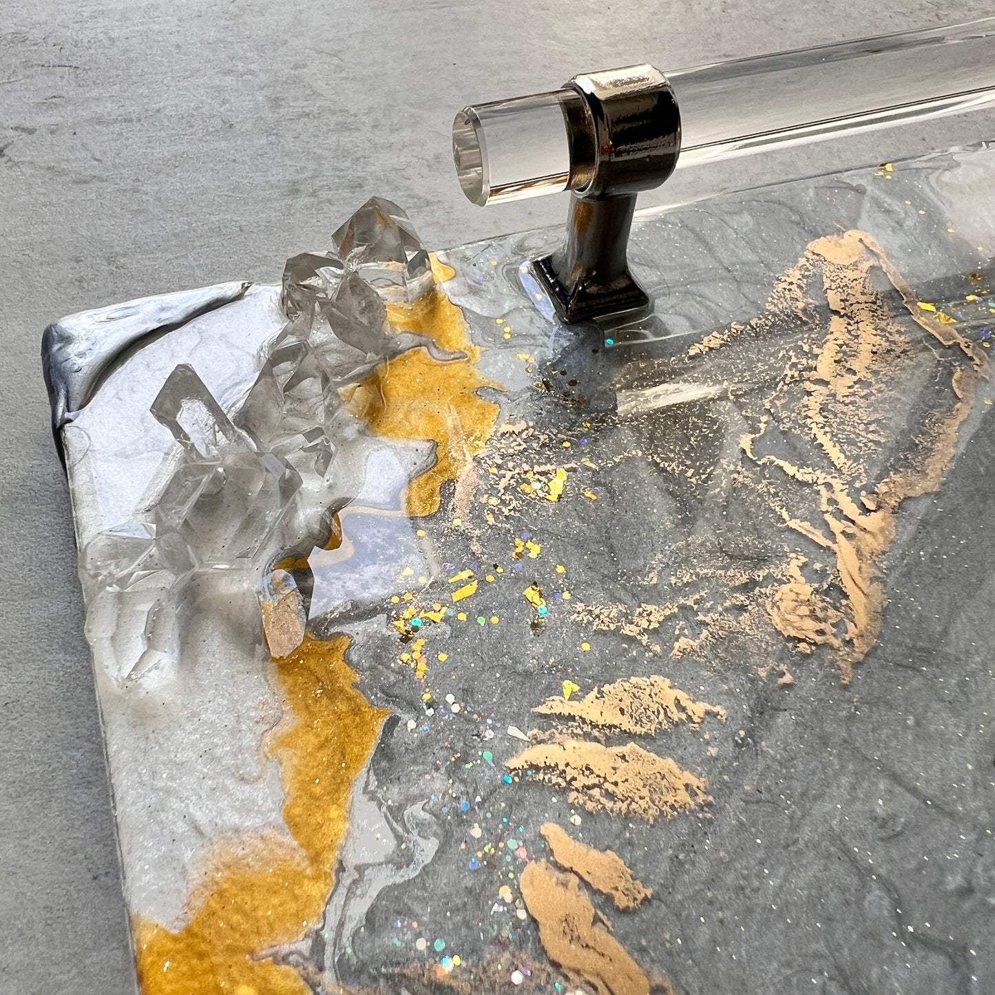 Neutral luxury tray with silver lucite handles