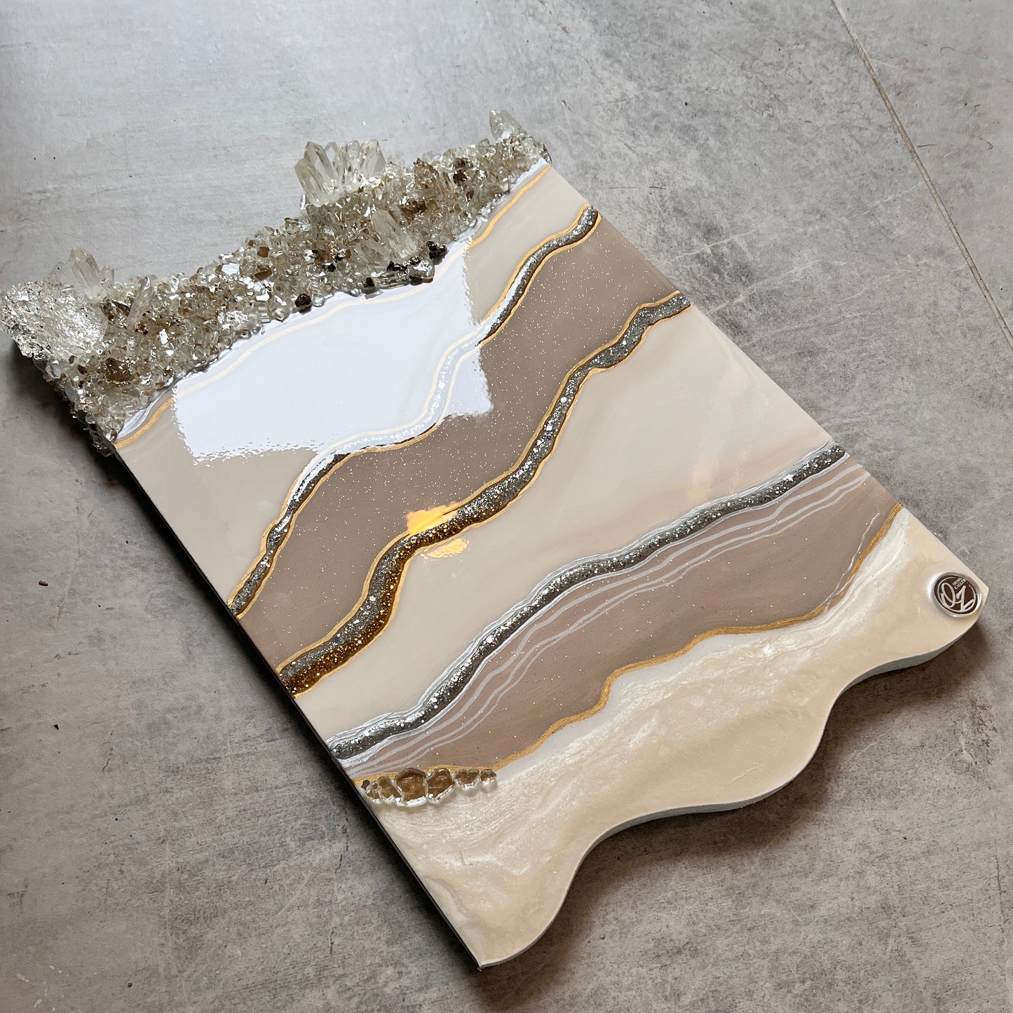 Luxurious live glass edge artwork in cream & taupe 12x17