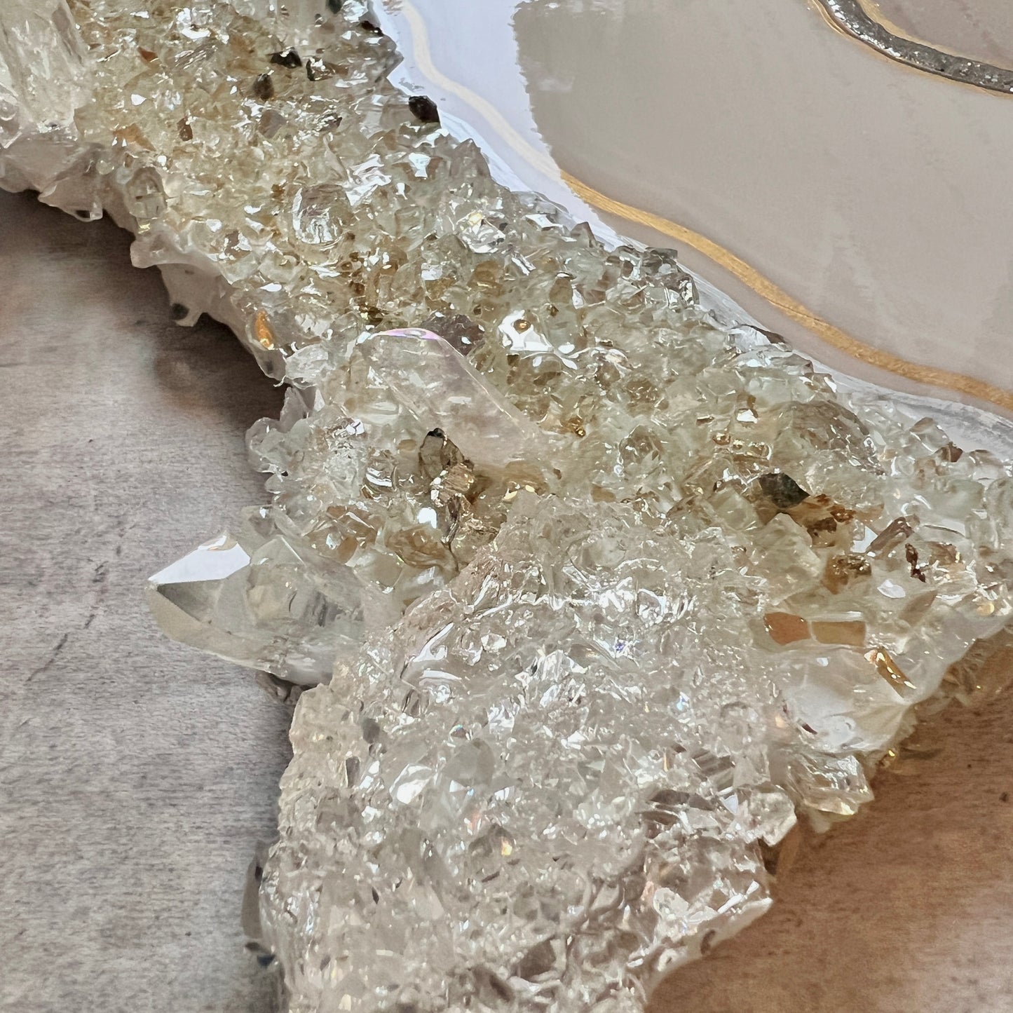 Luxurious live glass edge artwork in cream & taupe 12x17