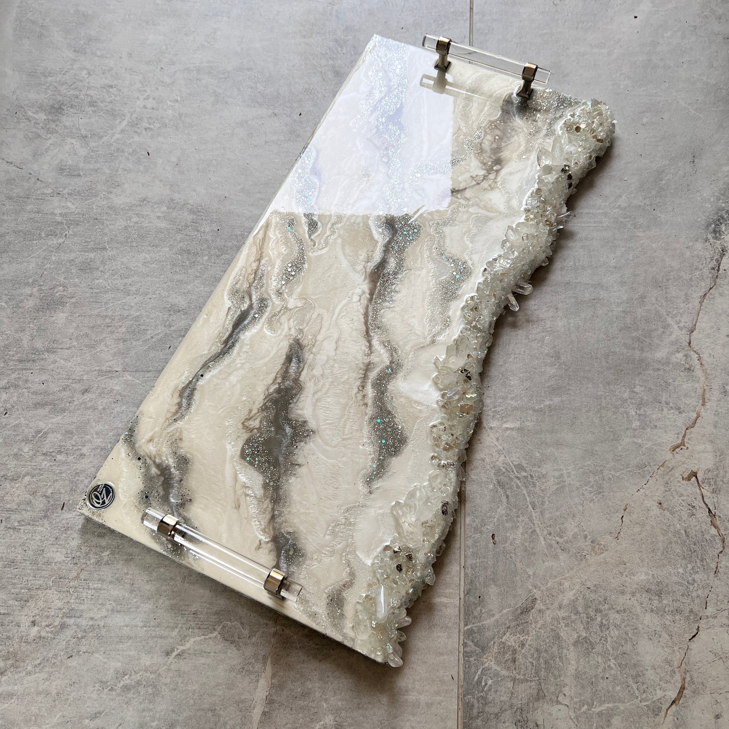 White & Silver Live Edge Luxury Resin Tray with Lucite Handles