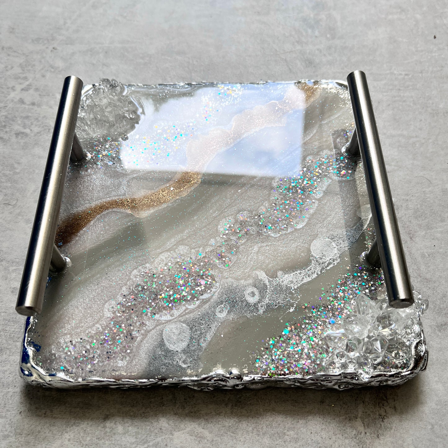 Pearl white and silver mini luxe tray with handles