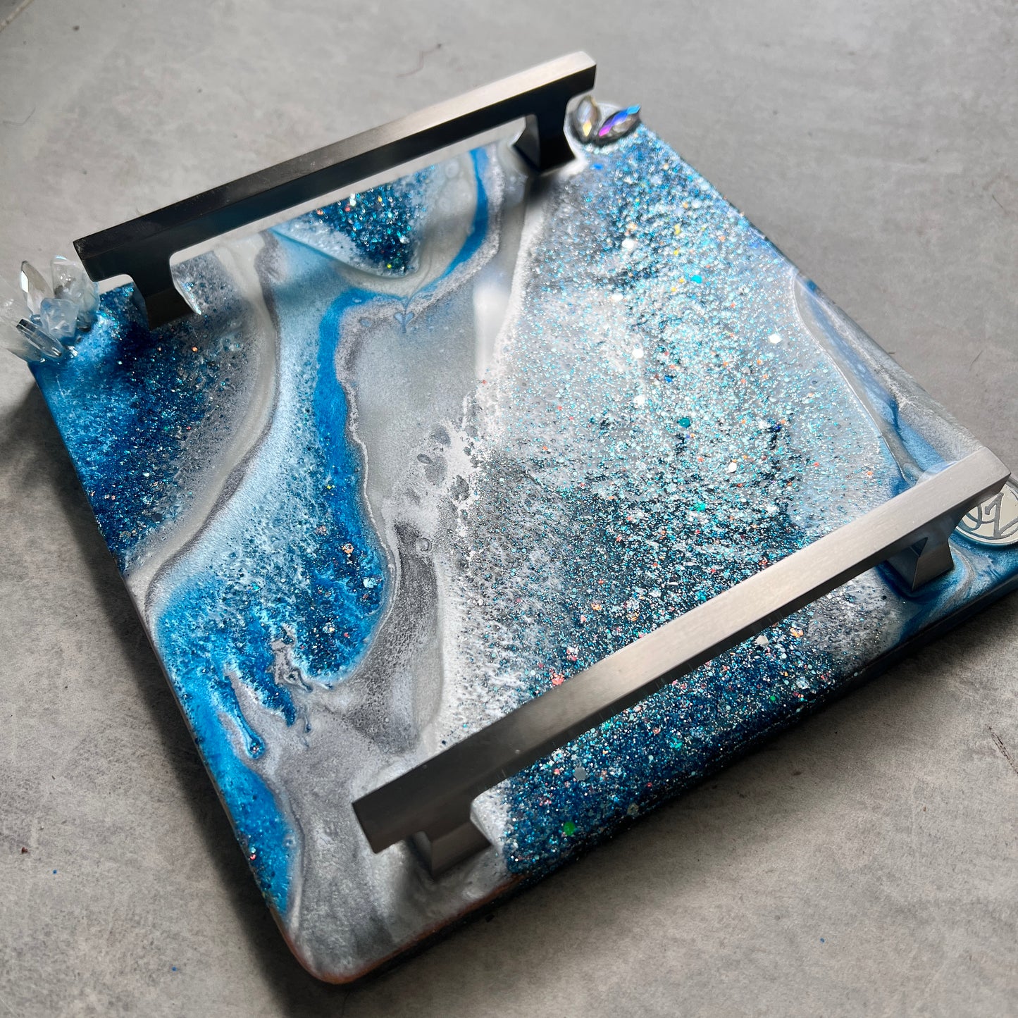 Mini tray in baby blue with silver handles