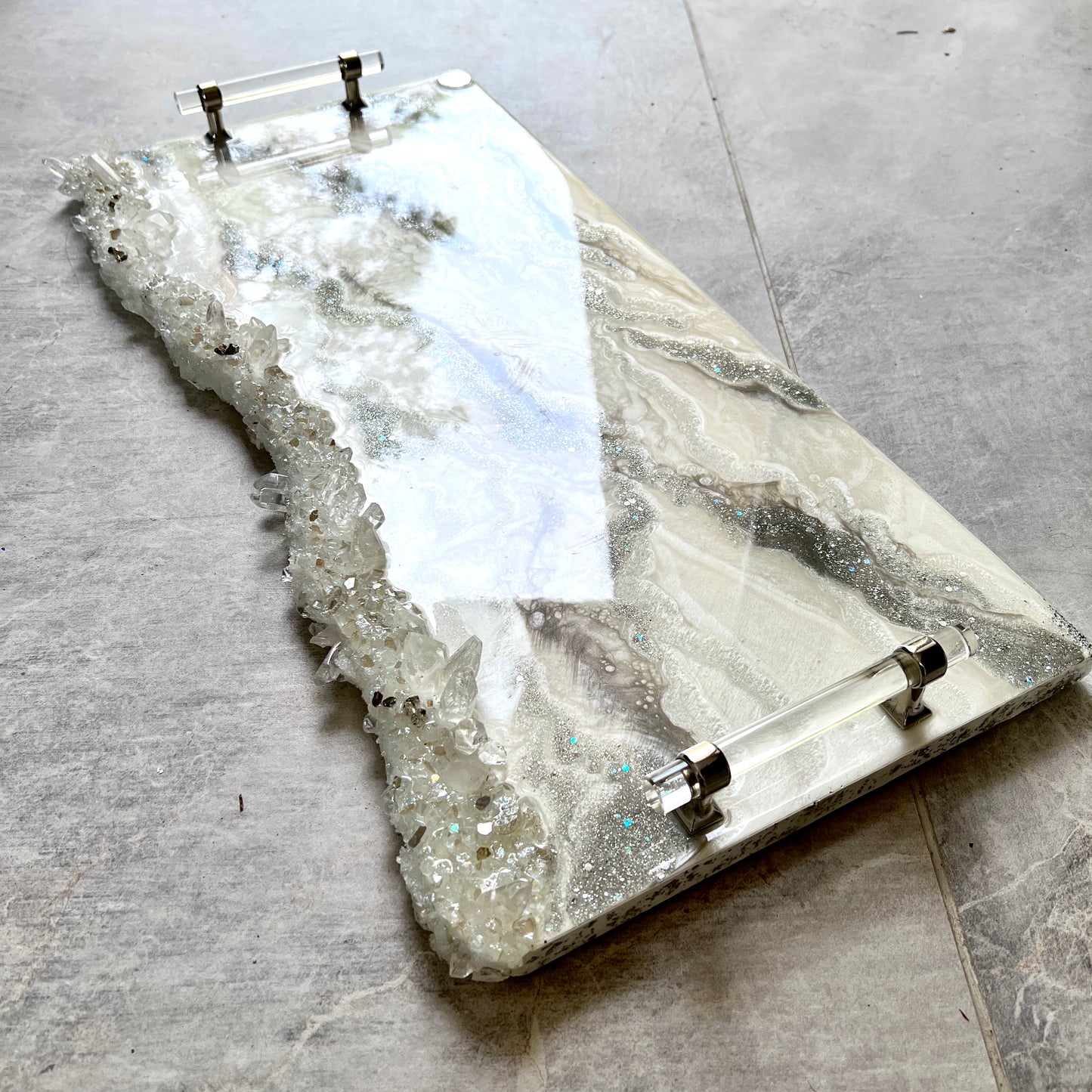 White & Silver Live Edge Luxury Resin Tray with Lucite Handles