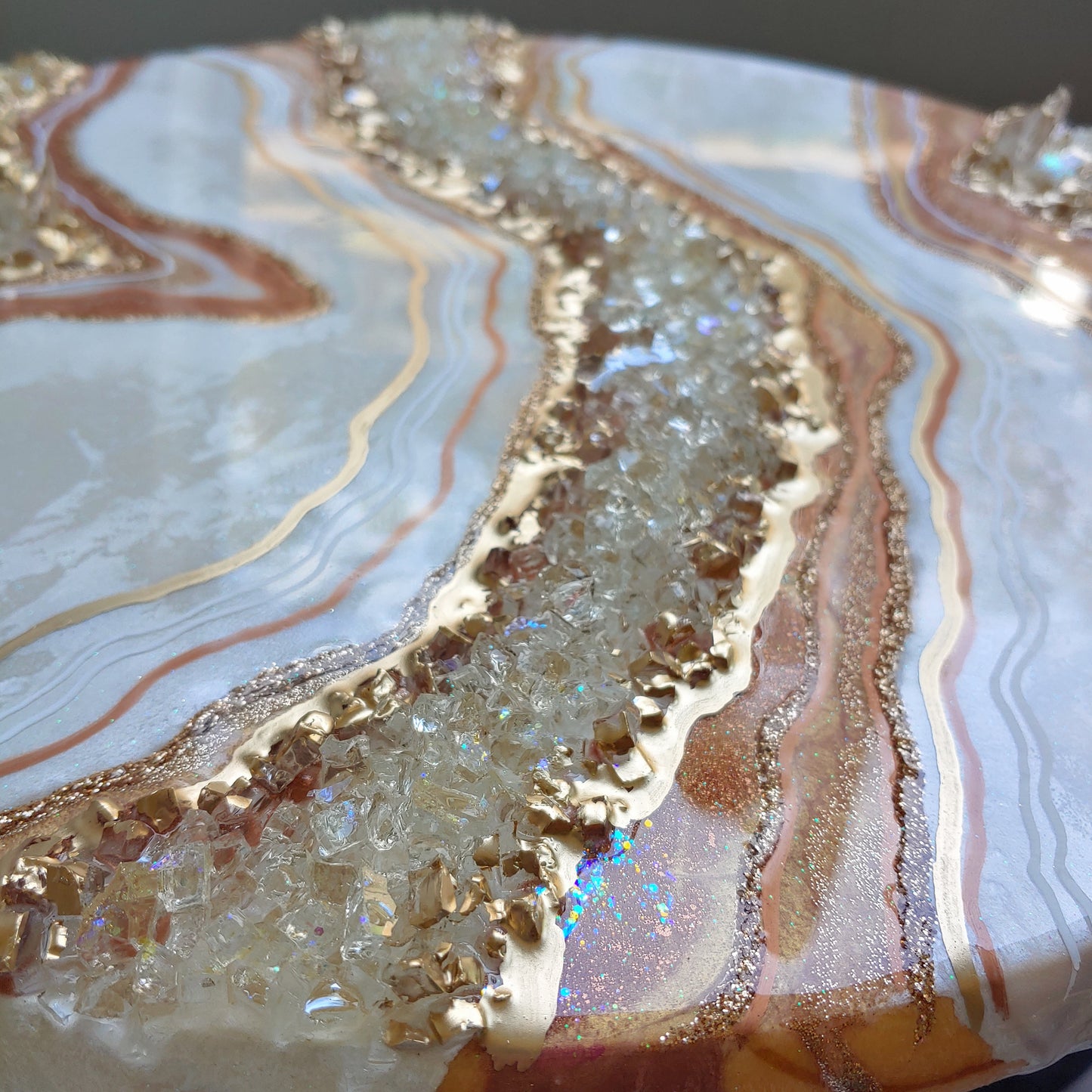 Rose Gold Geode artwork with glass on wood