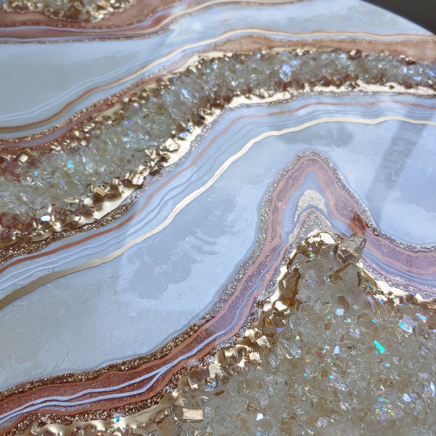 Rose Gold Geode artwork with glass on wood