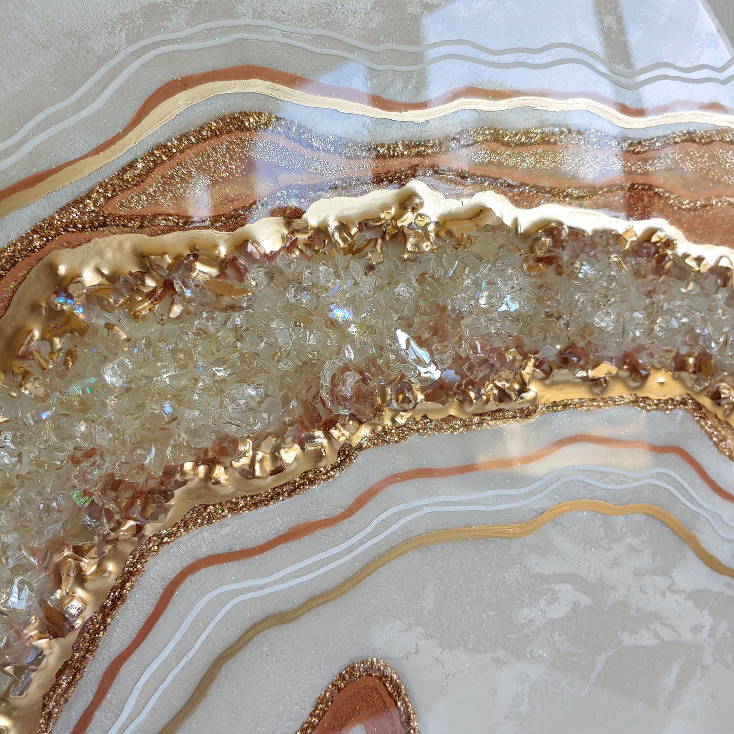 Rose Gold Geode artwork with glass on wood