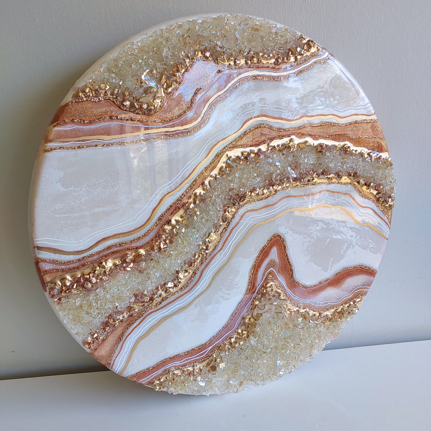 Rose Gold Geode artwork with glass on wood