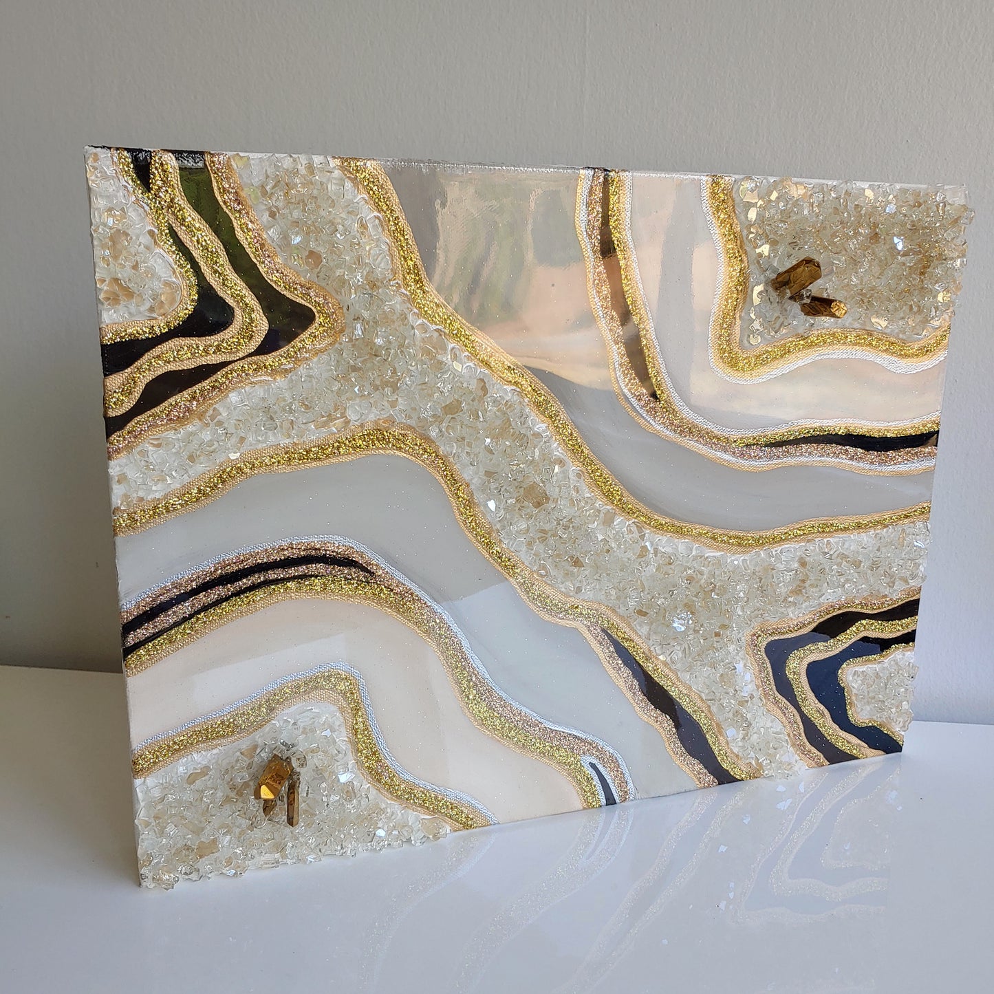 Grey, cream & espresso sparkling artwork with crushed glass