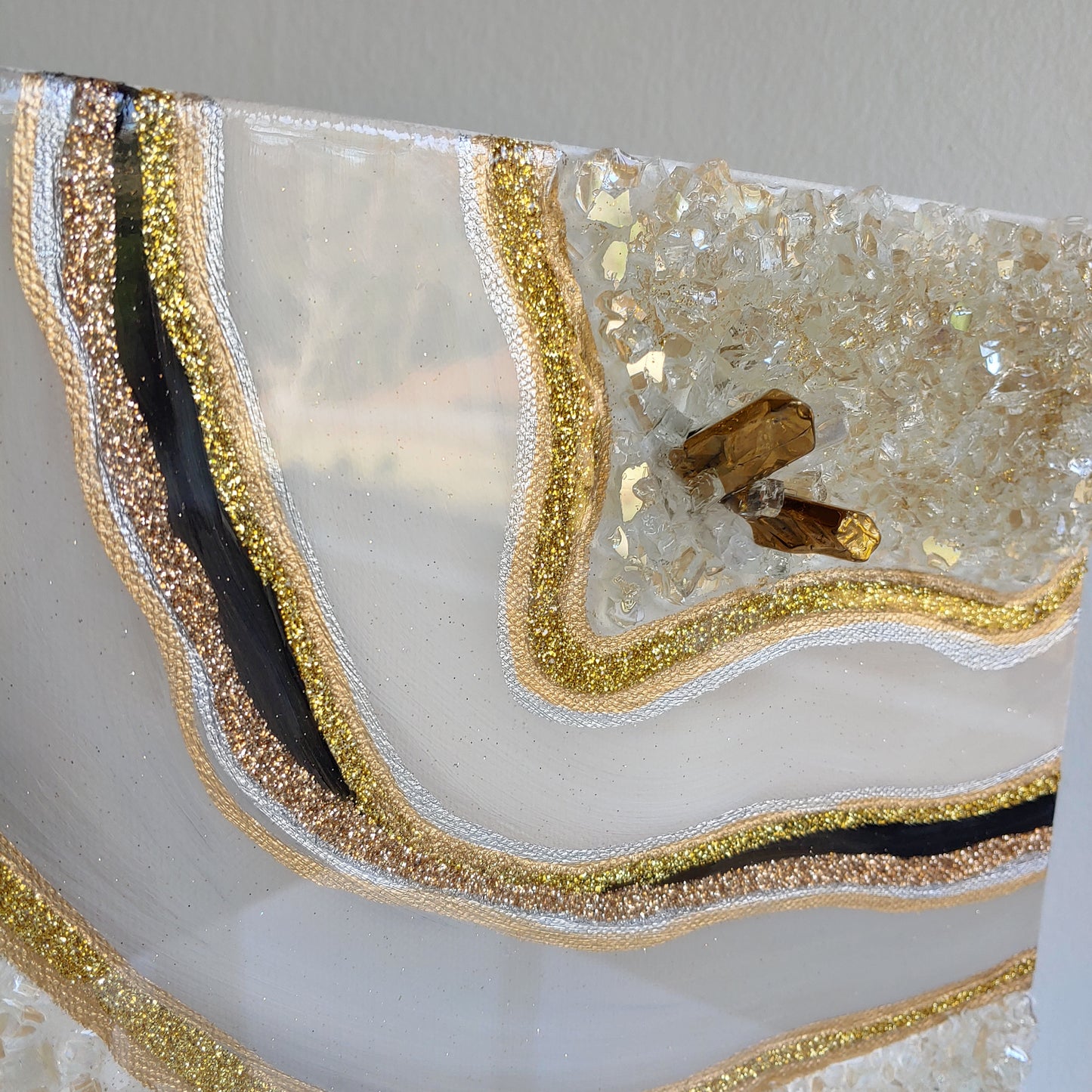 Grey, cream & espresso sparkling artwork with crushed glass