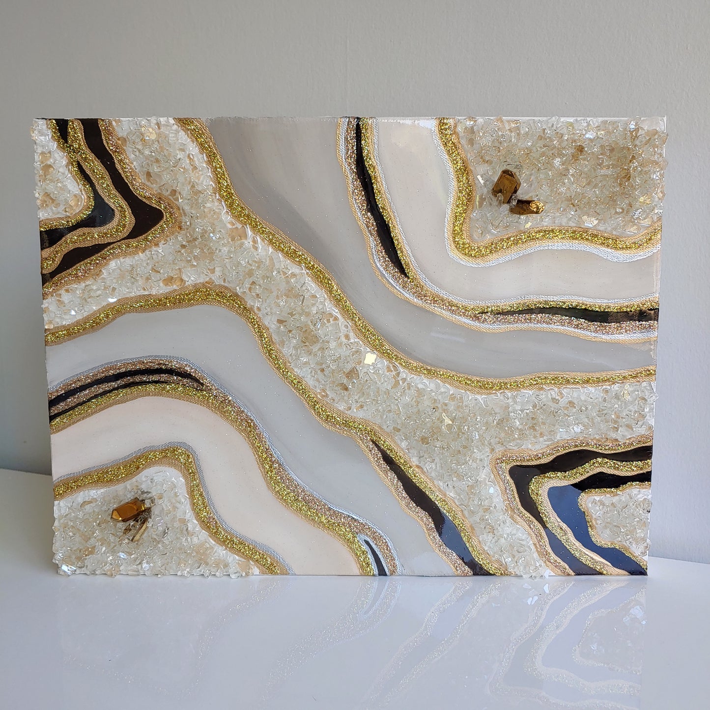 Grey, cream & espresso sparkling artwork with crushed glass