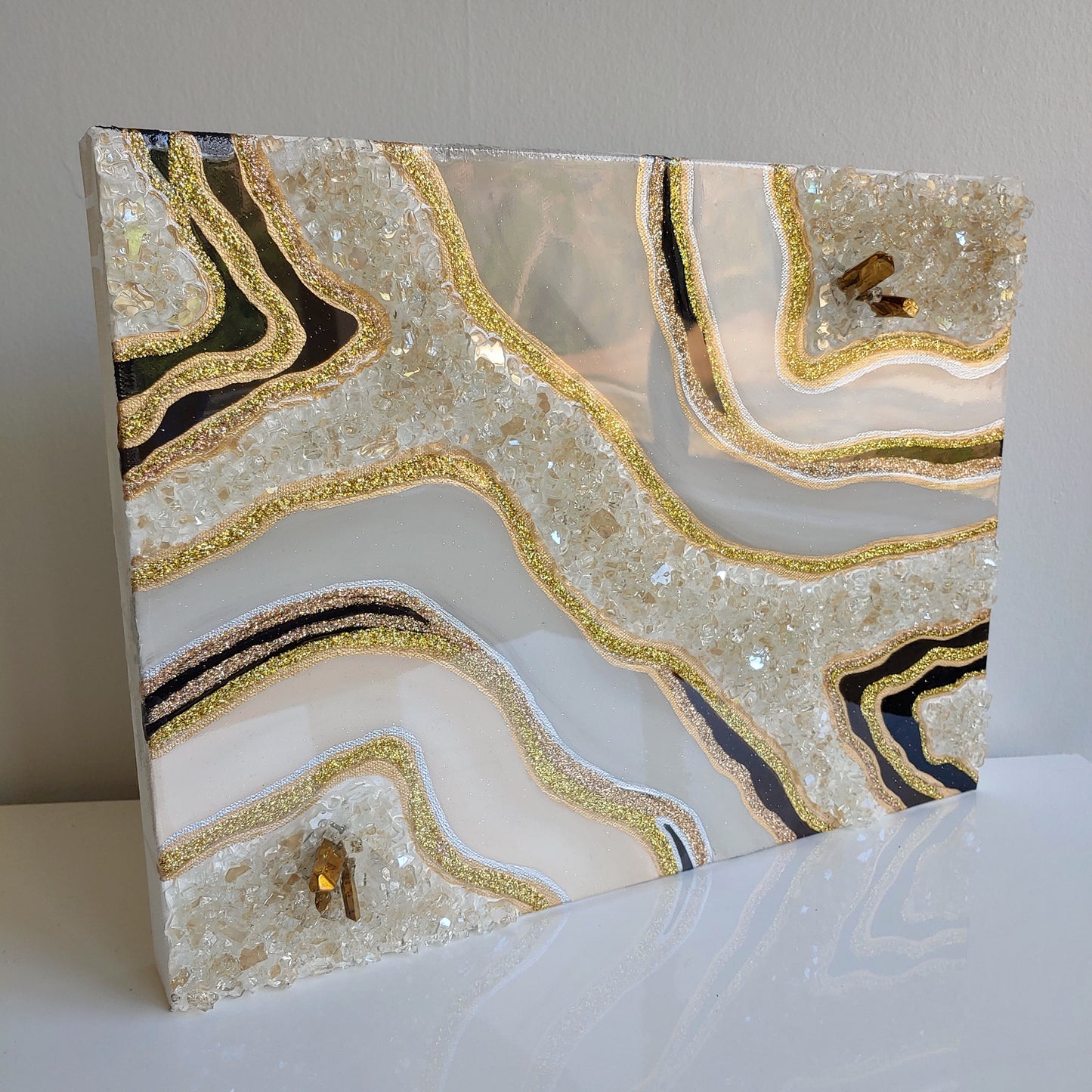 Grey, cream & espresso sparkling artwork with crushed glass