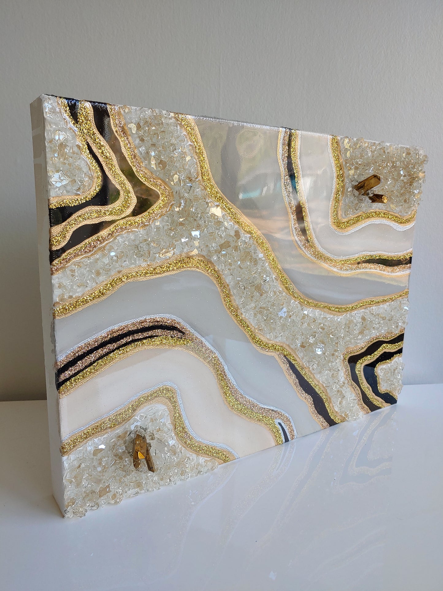 Grey, cream & espresso sparkling artwork with crushed glass