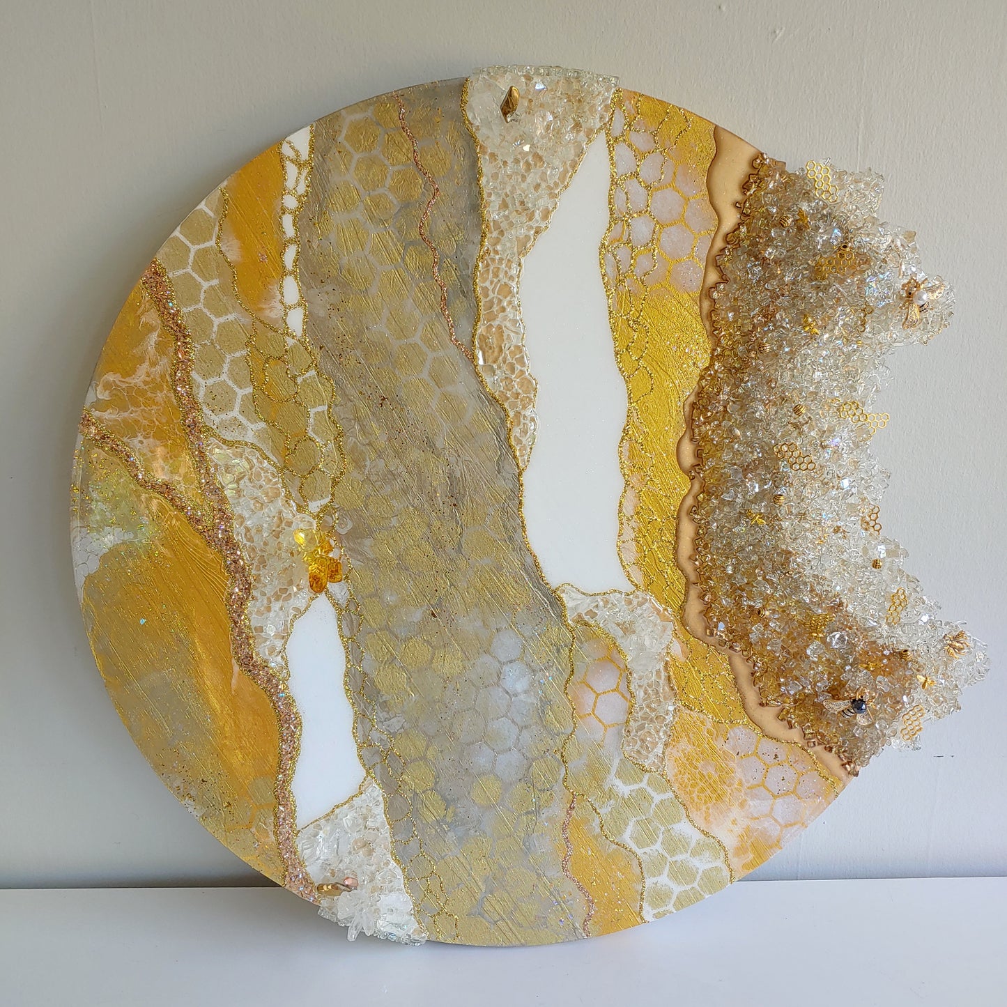 Stunning glass beehive art on wood with glass, resin and bees! 24 inch round