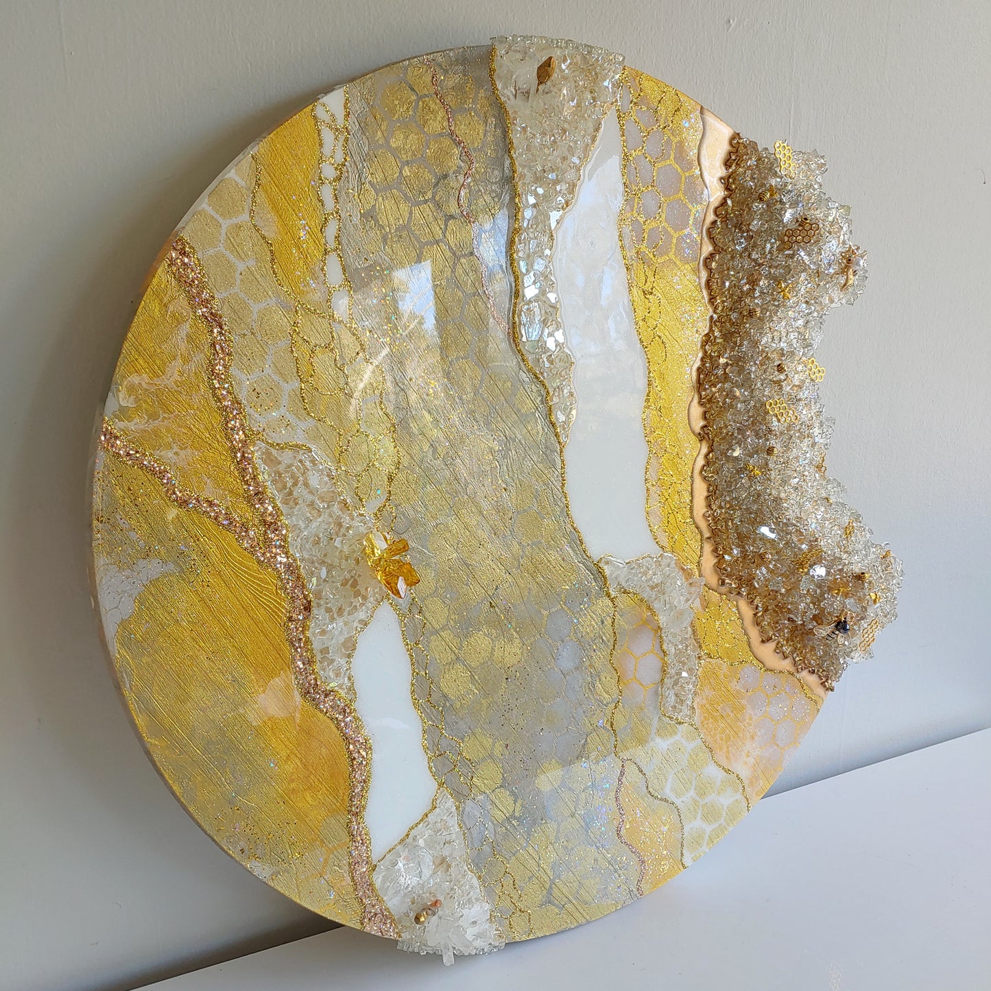 Stunning glass beehive art on wood with glass, resin and bees! 24 inch round