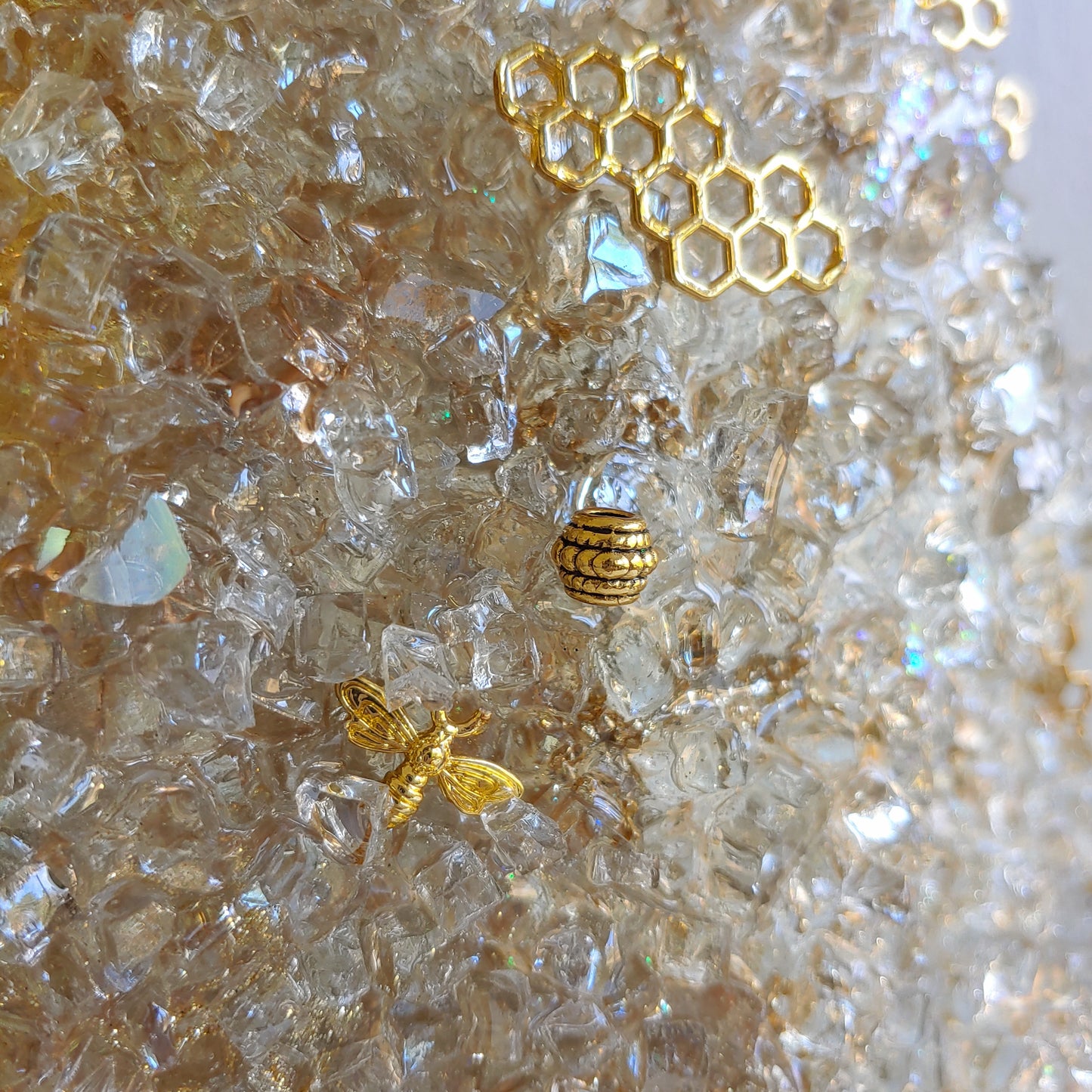 Stunning glass beehive art on wood with glass, resin and bees! 24 inch round
