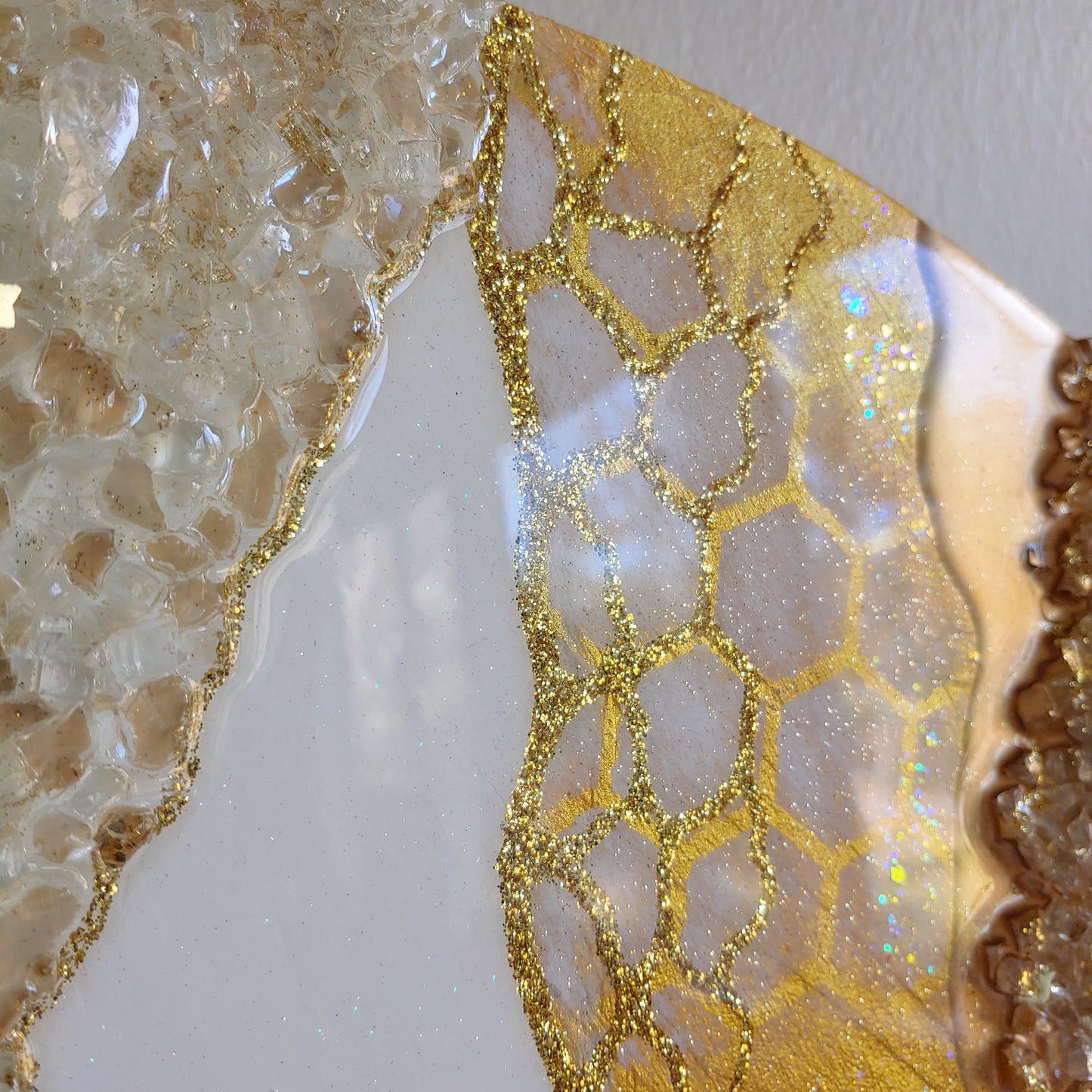 Stunning glass beehive art on wood with glass, resin and bees! 24 inch round