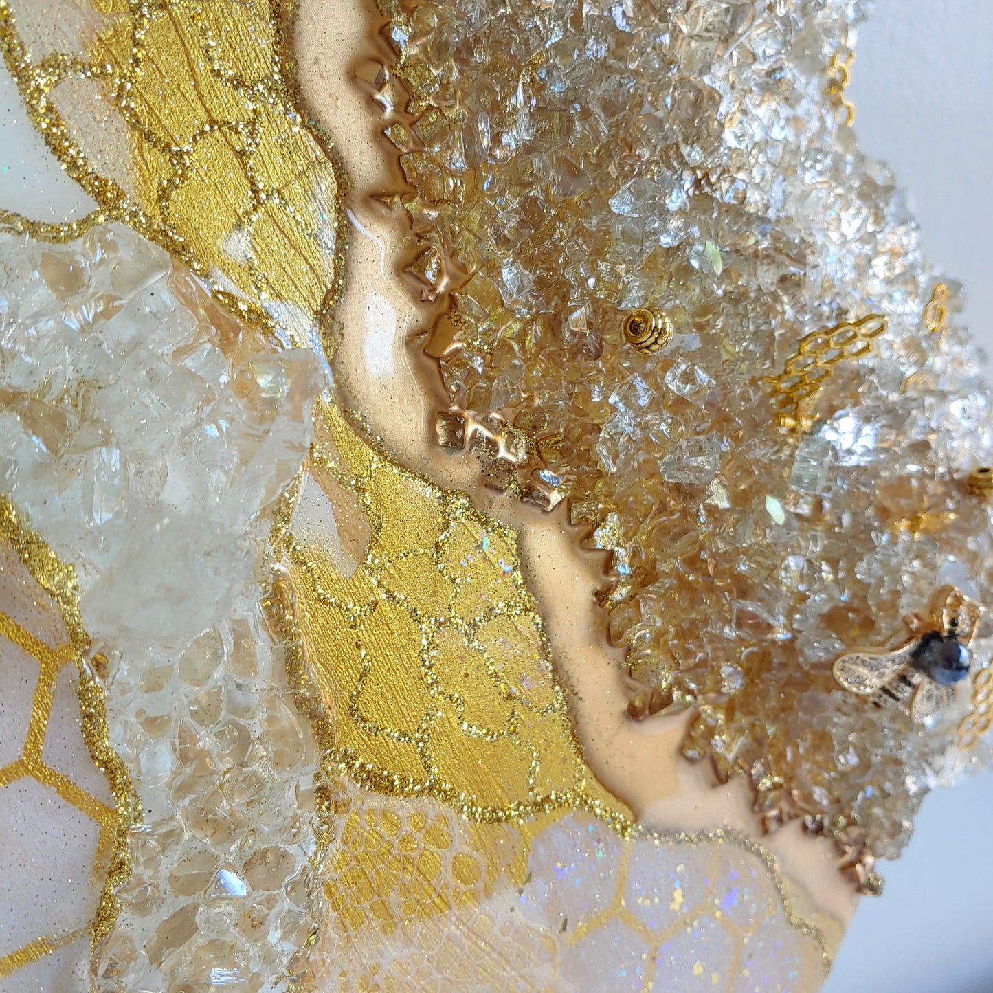 Stunning glass beehive art on wood with glass, resin and bees! 24 inch round