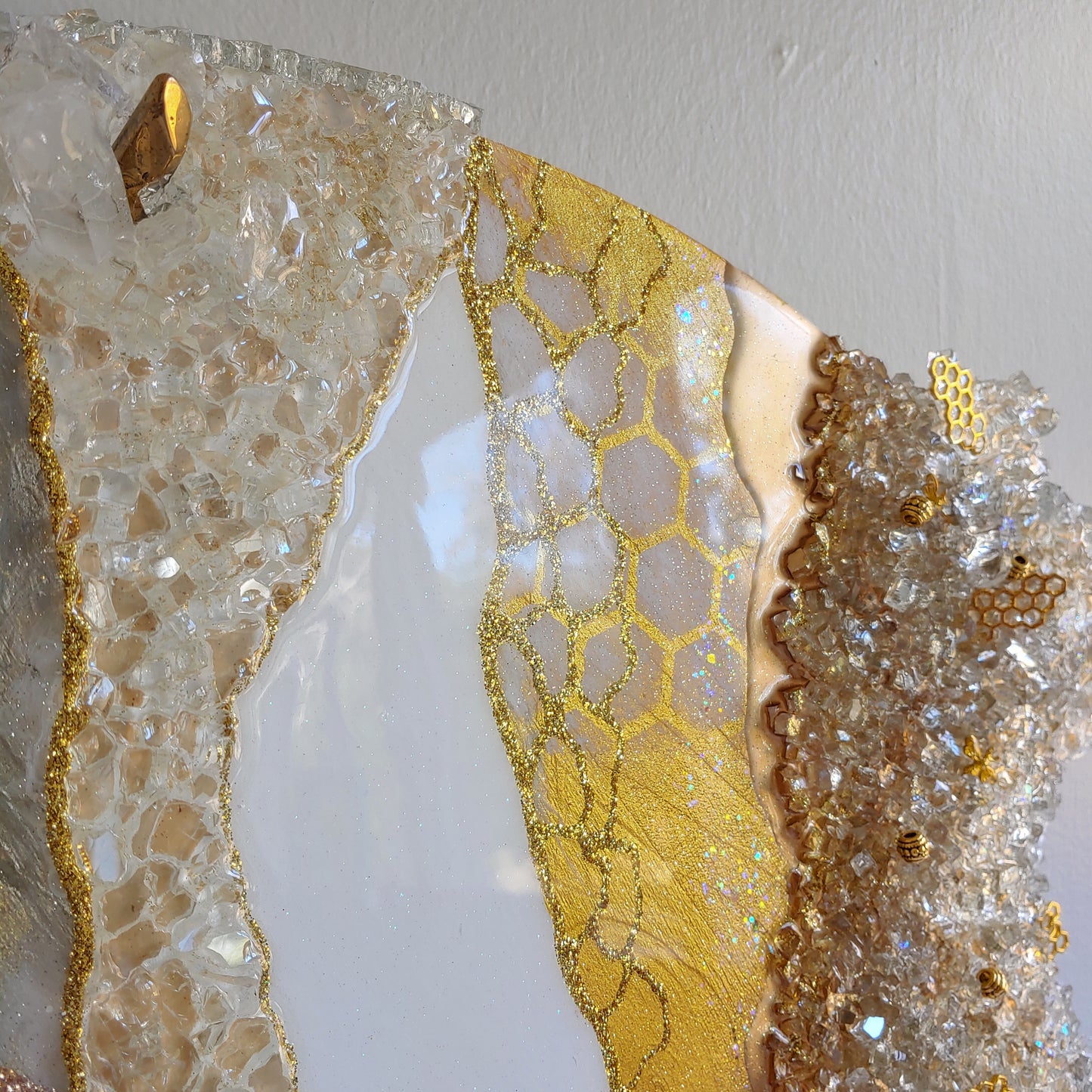 Stunning glass beehive art on wood with glass, resin and bees! 24 inch round