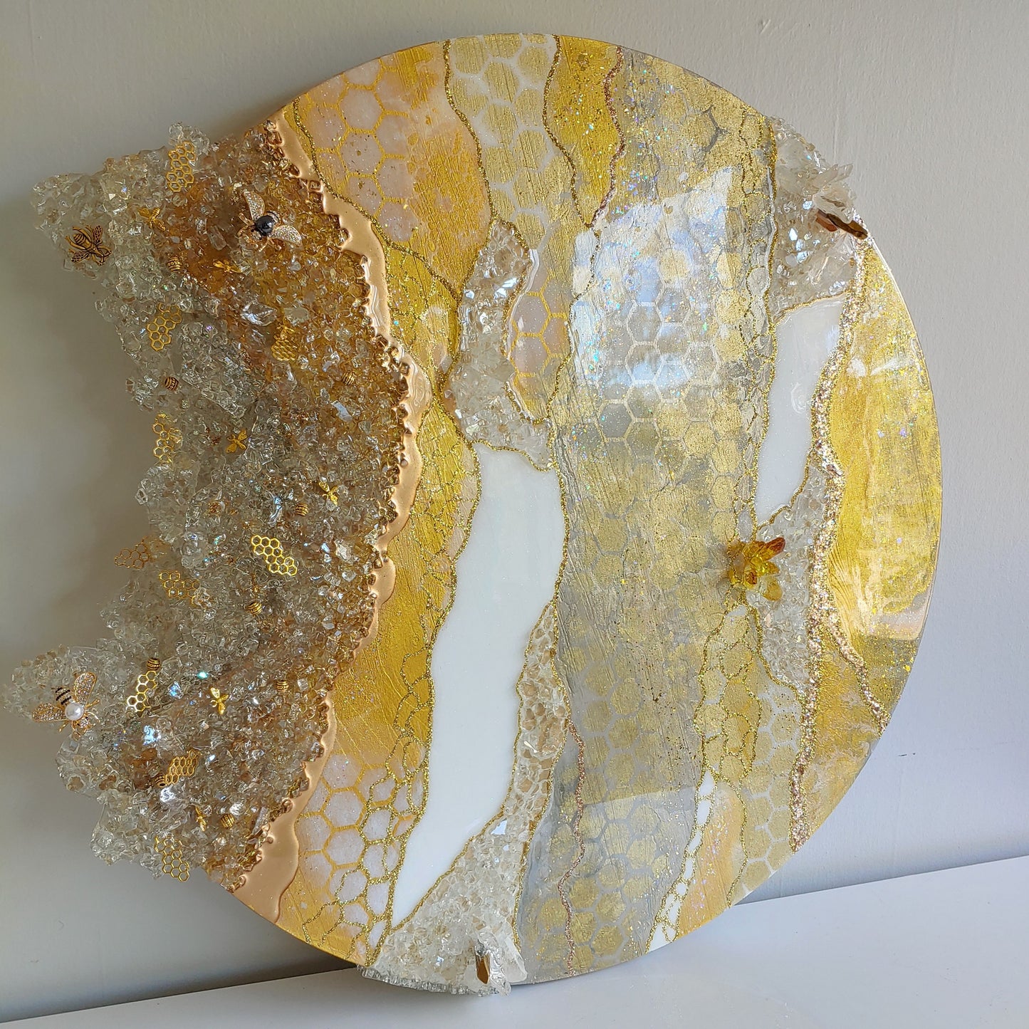 Stunning glass beehive art on wood with glass, resin and bees! 24 inch round