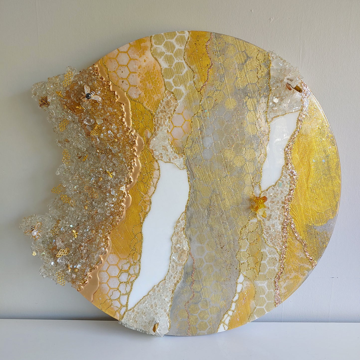 Stunning glass beehive art on wood with glass, resin and bees! 24 inch round
