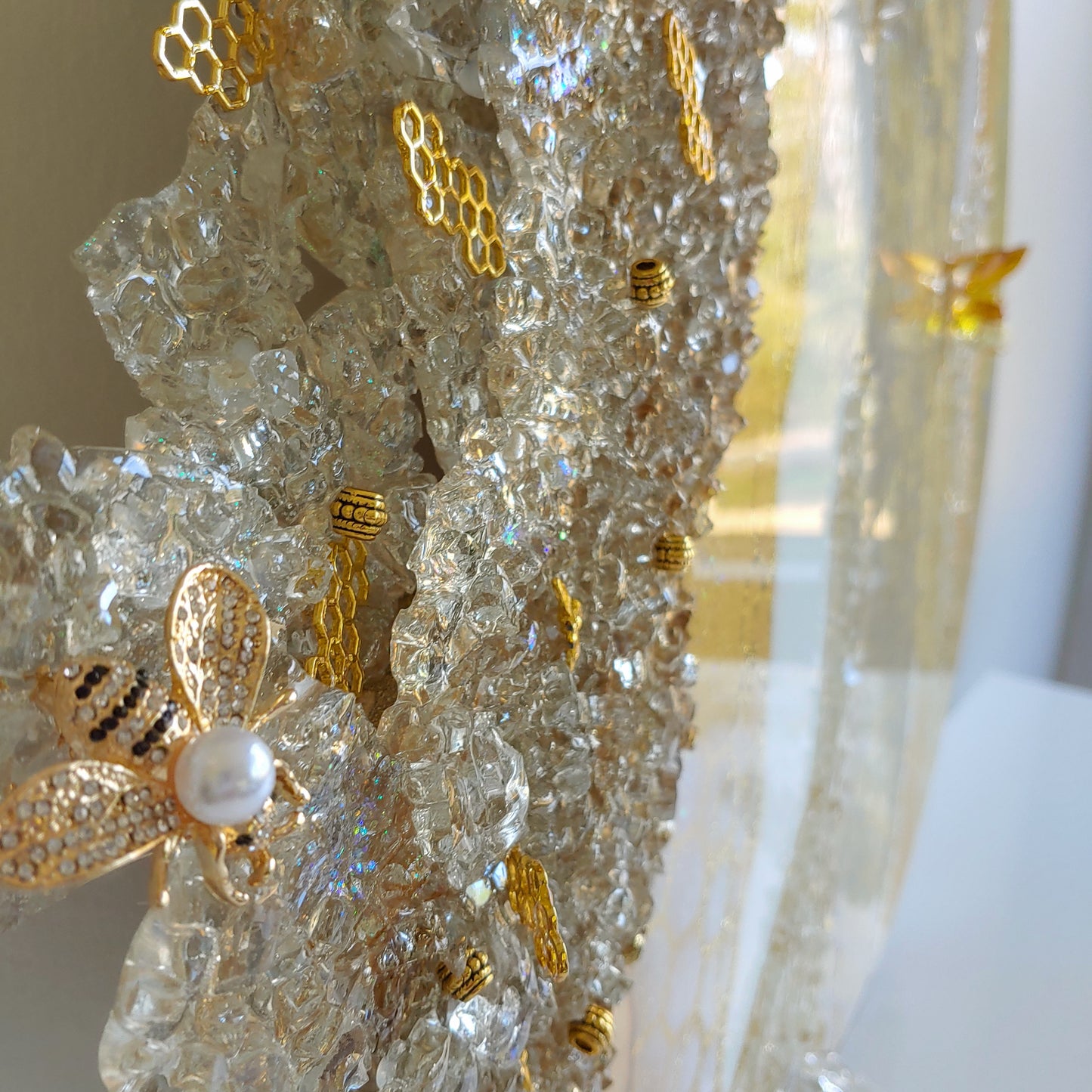 Stunning glass beehive art on wood with glass, resin and bees! 24 inch round