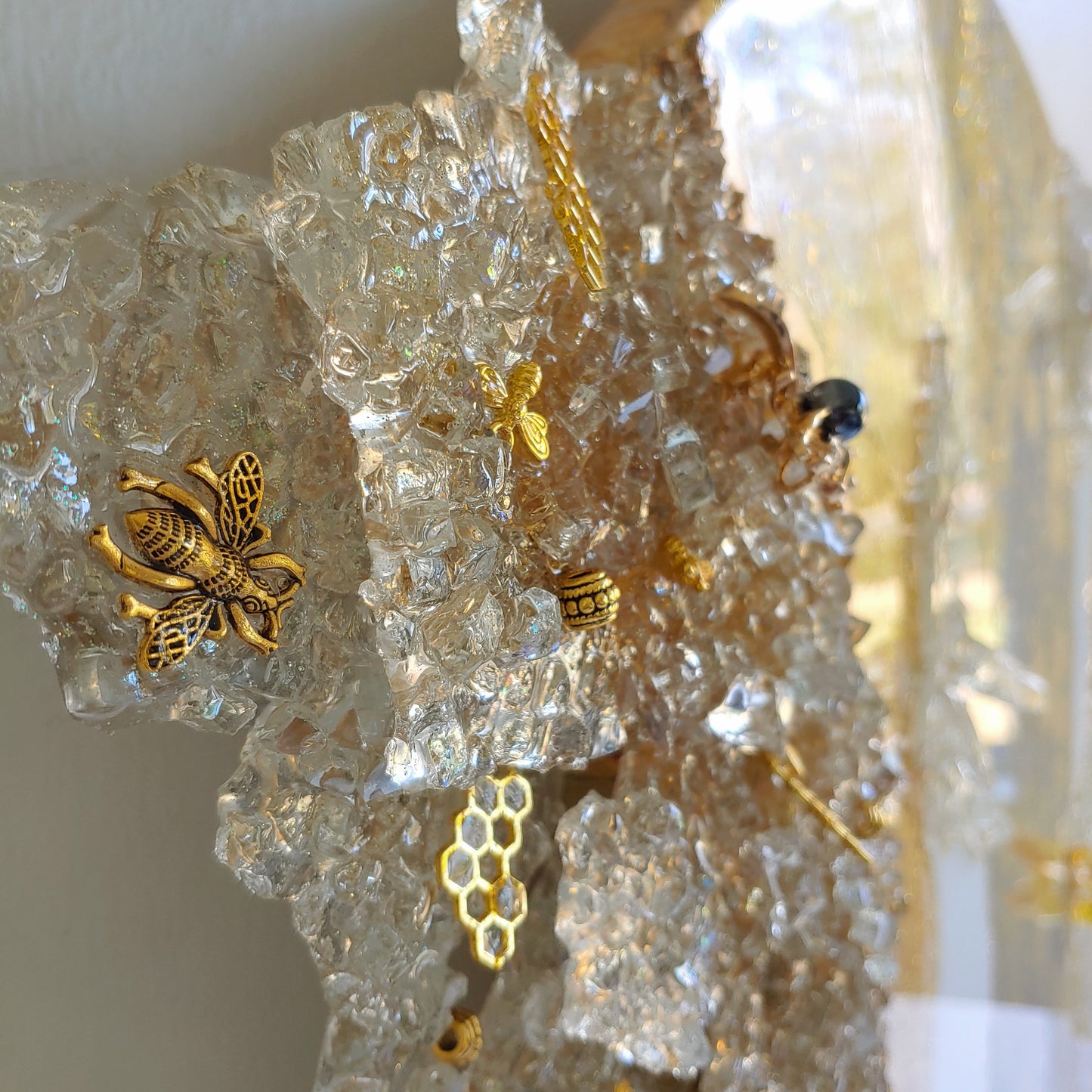 Stunning glass beehive art on wood with glass, resin and bees! 24 inch round
