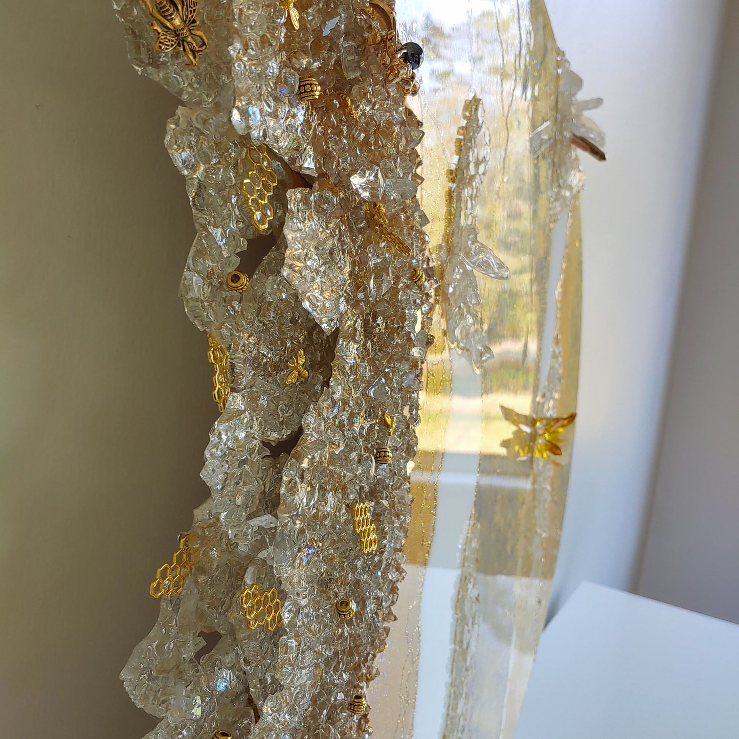 Stunning glass beehive art on wood with glass, resin and bees! 24 inch round