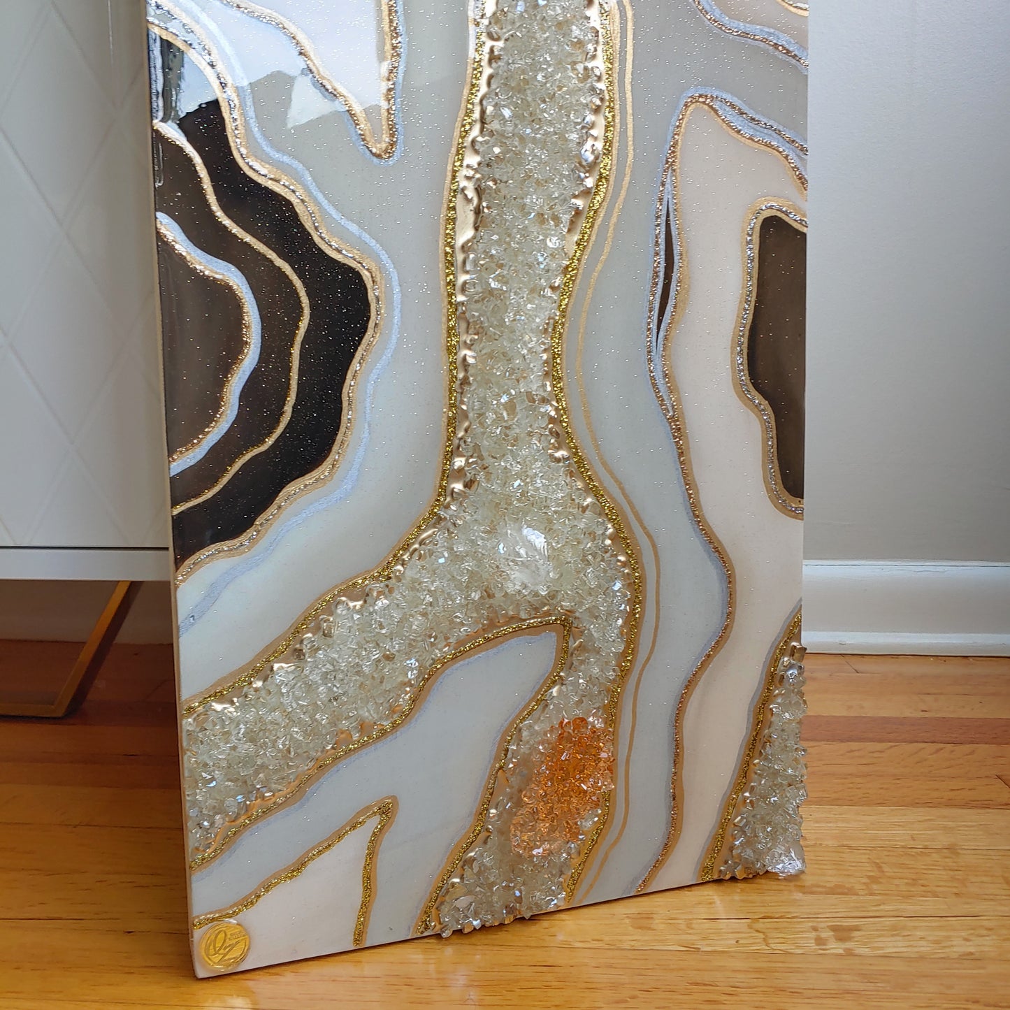 Cream, taupe & grey resin, glass and crystal wall art panel