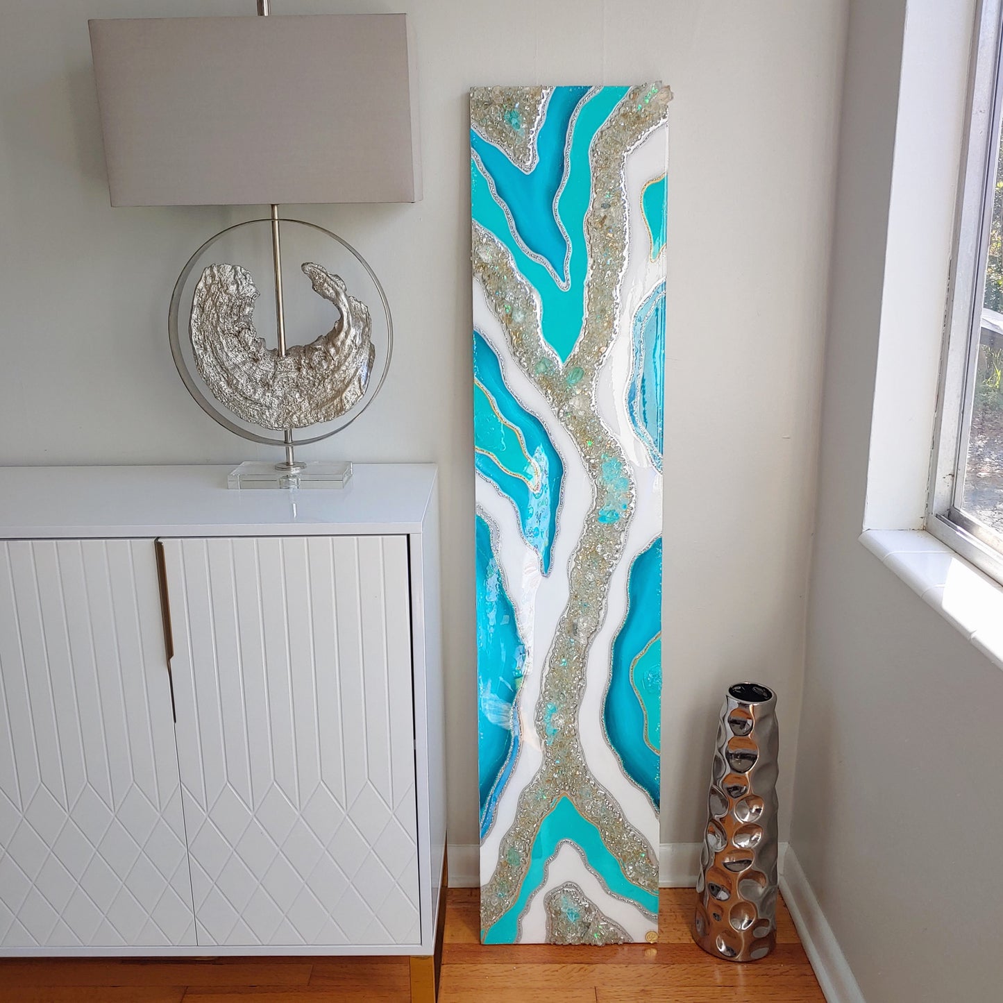 Turquoise Resin, Glass and crystal wall art panel
