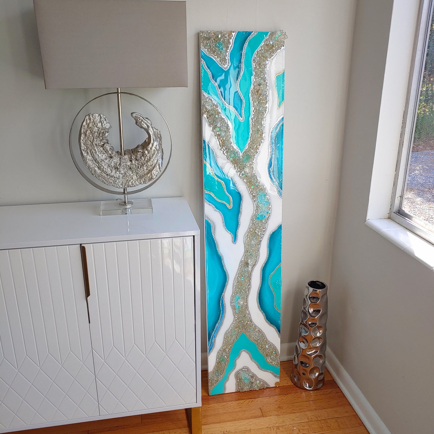 Turquoise Resin, Glass and crystal wall art panel