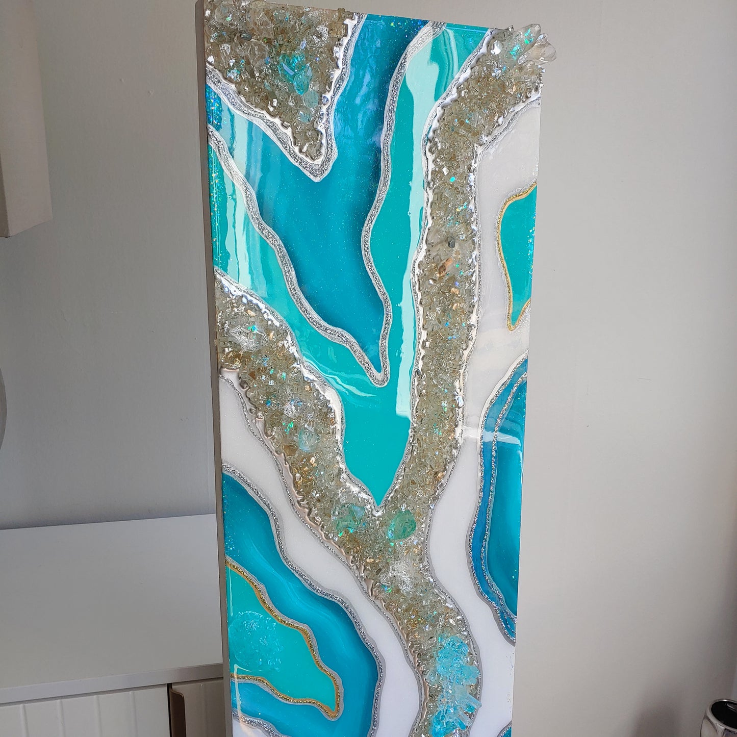 Turquoise Resin, Glass and crystal wall art panel