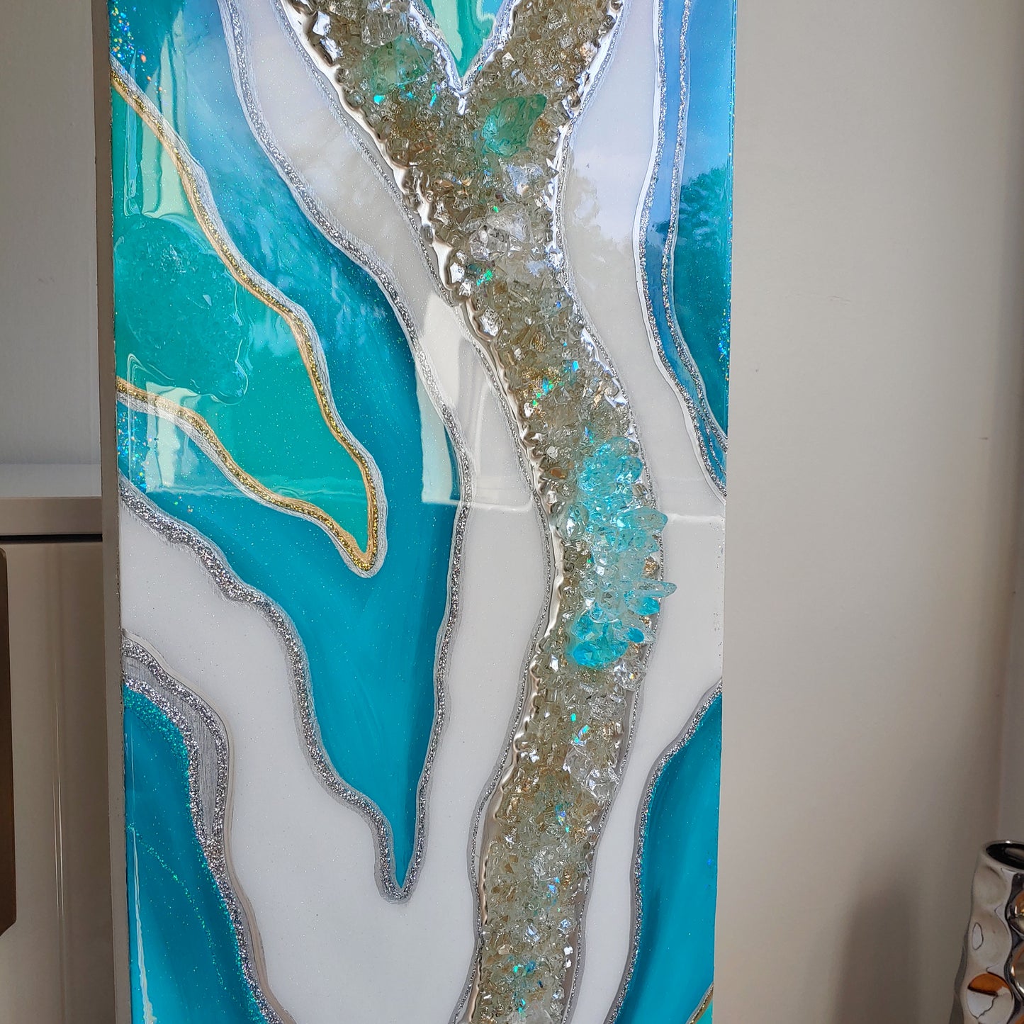 Turquoise Resin, Glass and crystal wall art panel