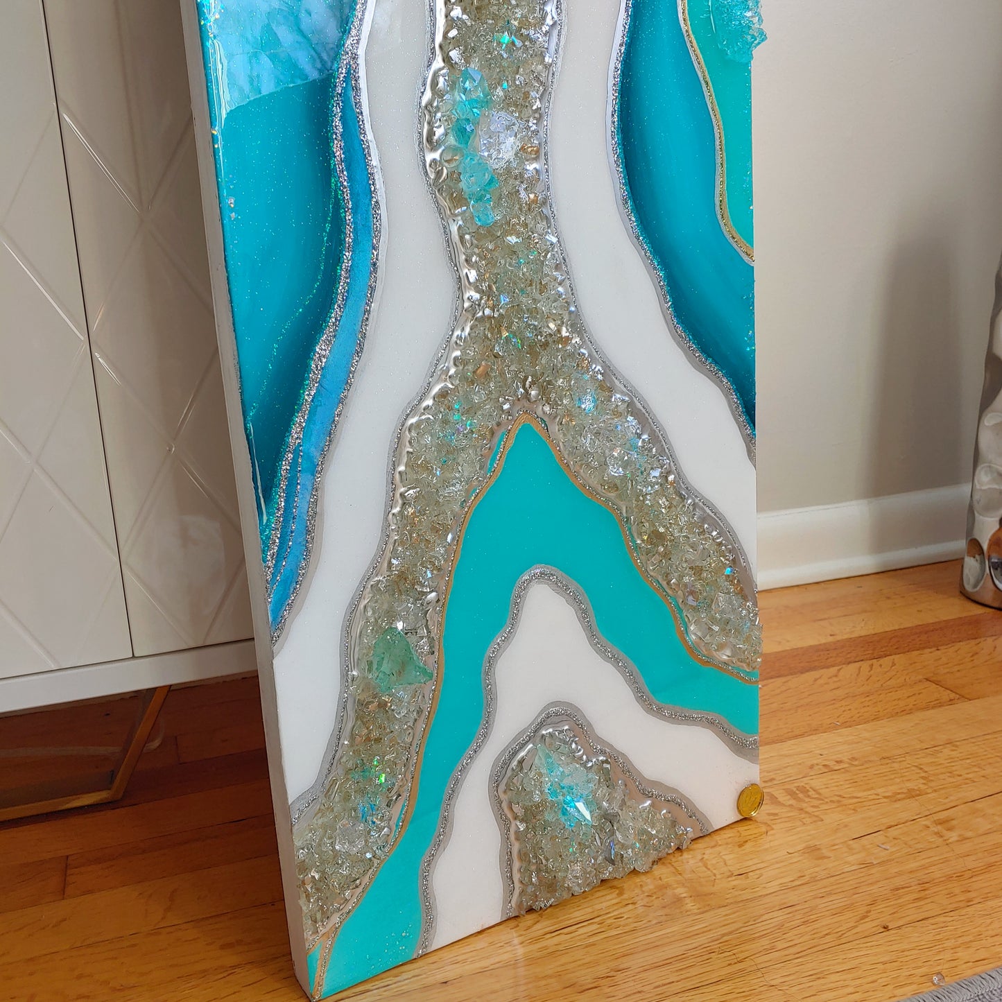 Turquoise Resin, Glass and crystal wall art panel