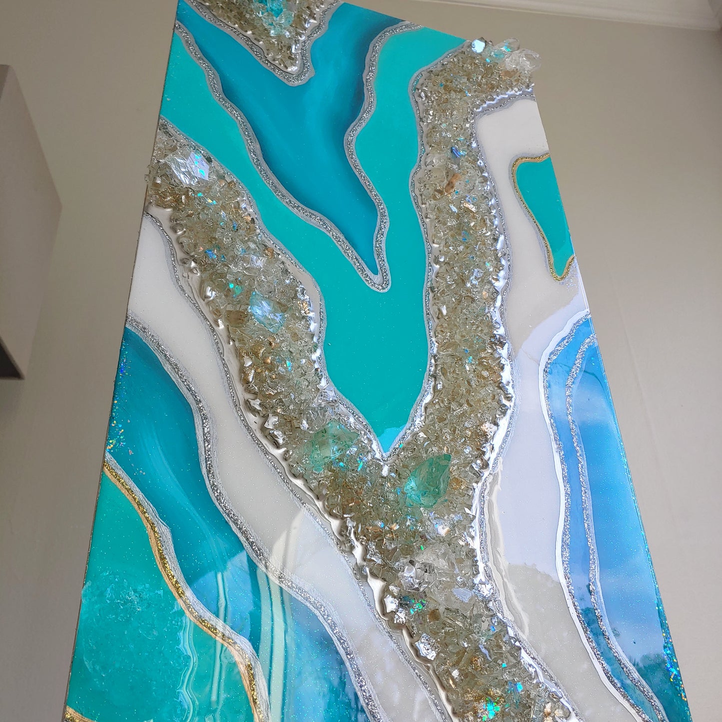 Turquoise Resin, Glass and crystal wall art panel