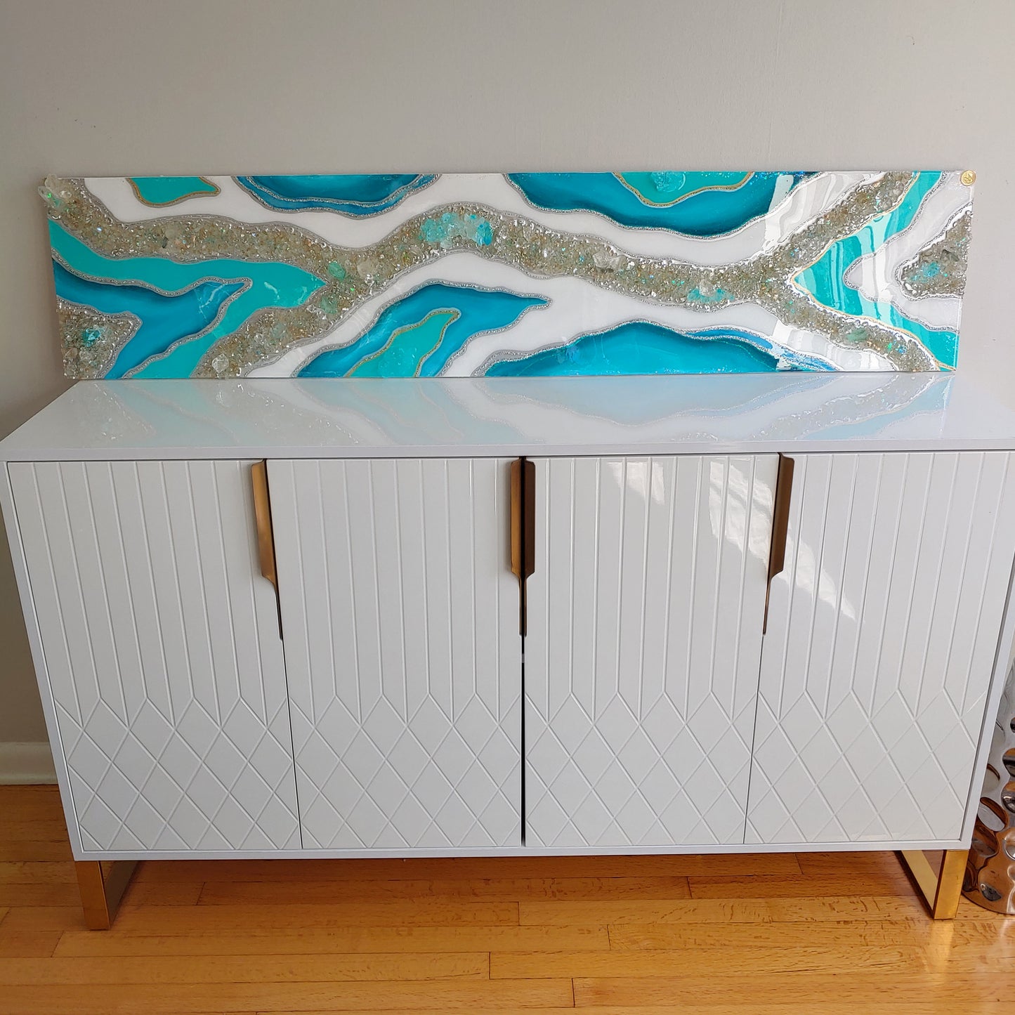 Turquoise Resin, Glass and crystal wall art panel