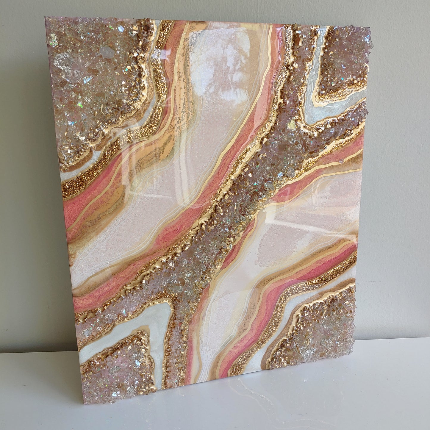 Gold peony geode artwork with glass with live edge
