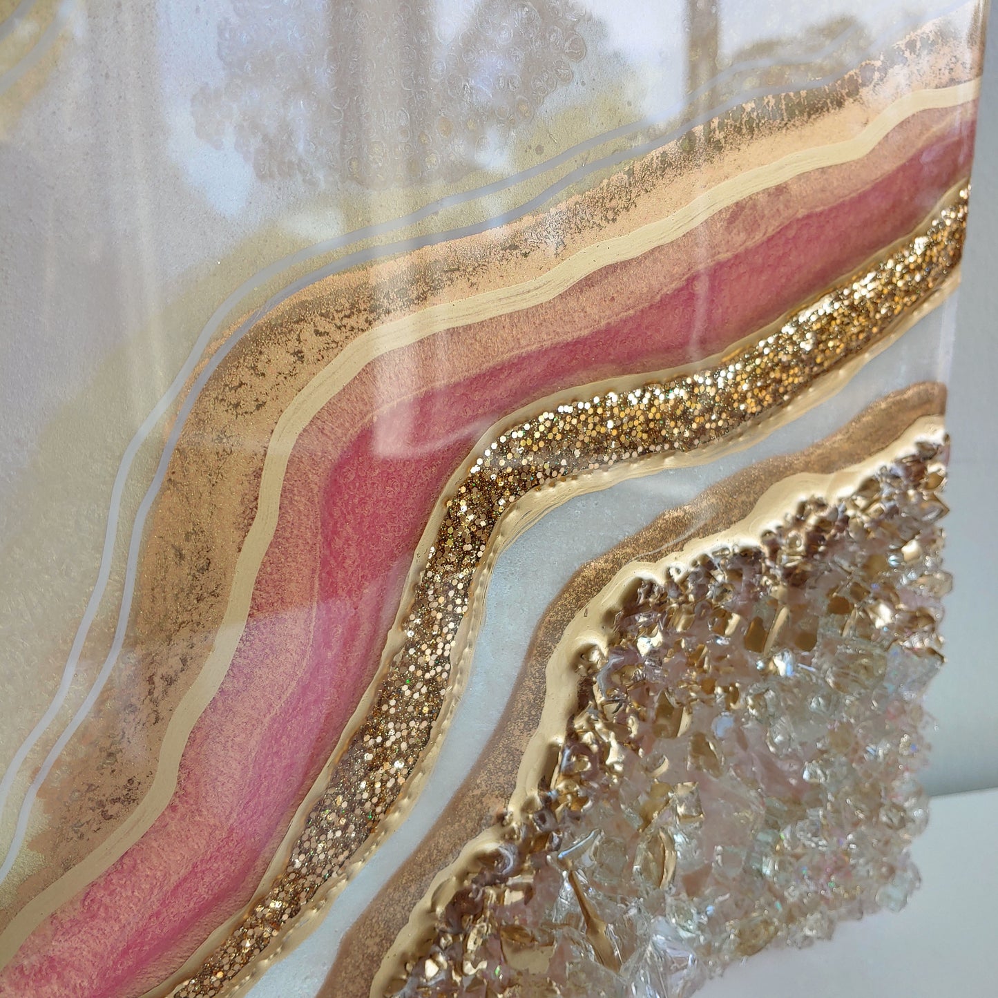 Gold peony geode artwork with glass with live edge