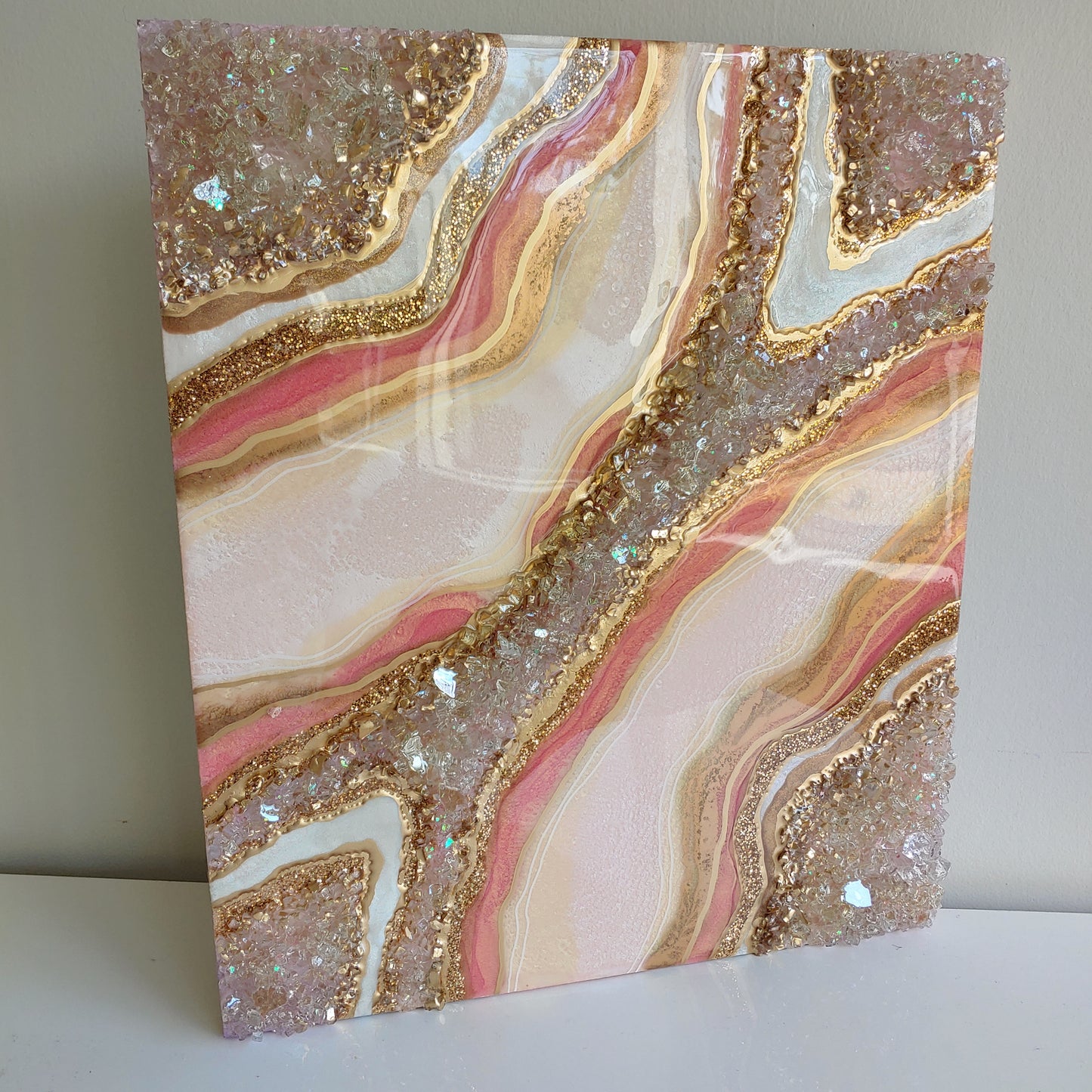 Gold peony geode artwork with glass with live edge