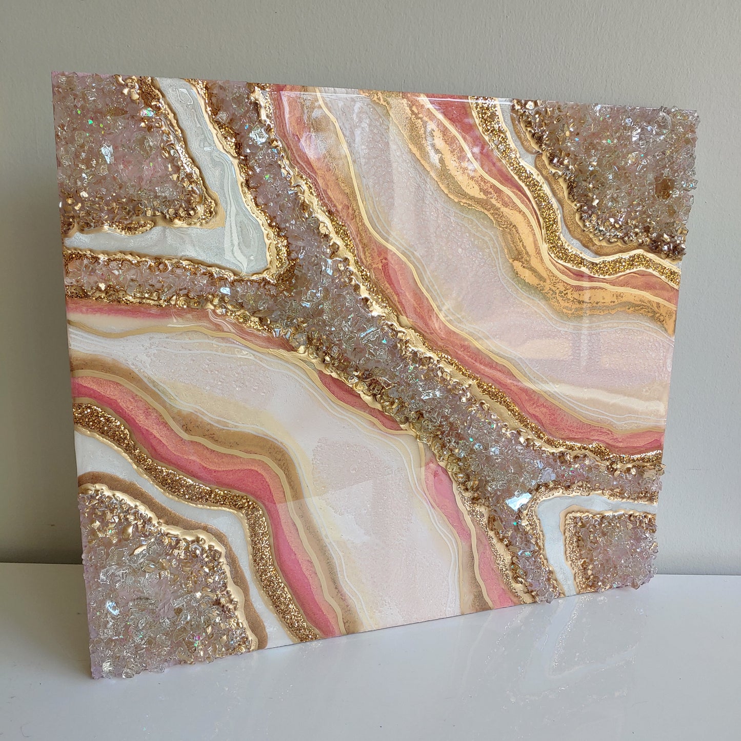 Gold peony geode artwork with glass with live edge