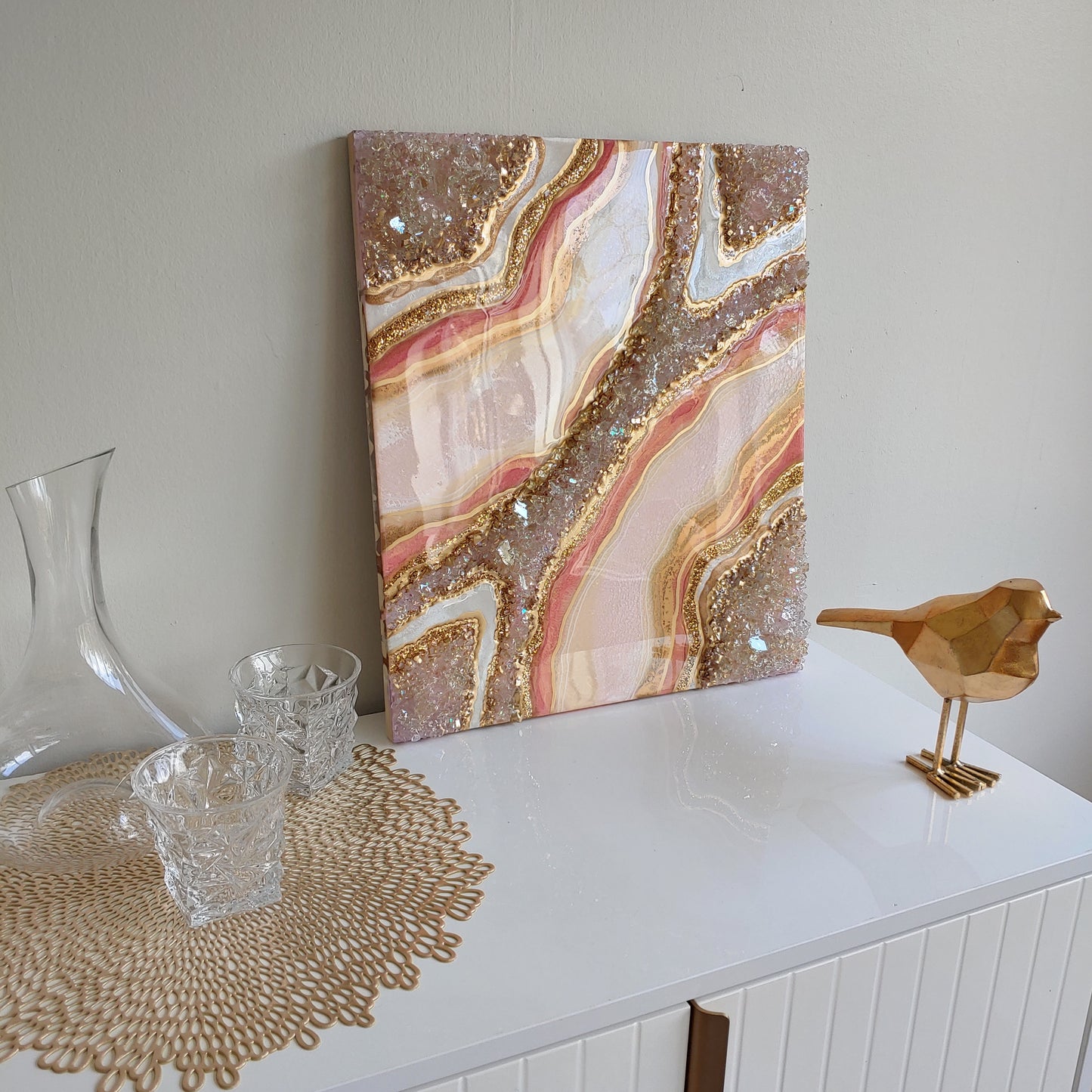Gold peony geode artwork with glass with live edge