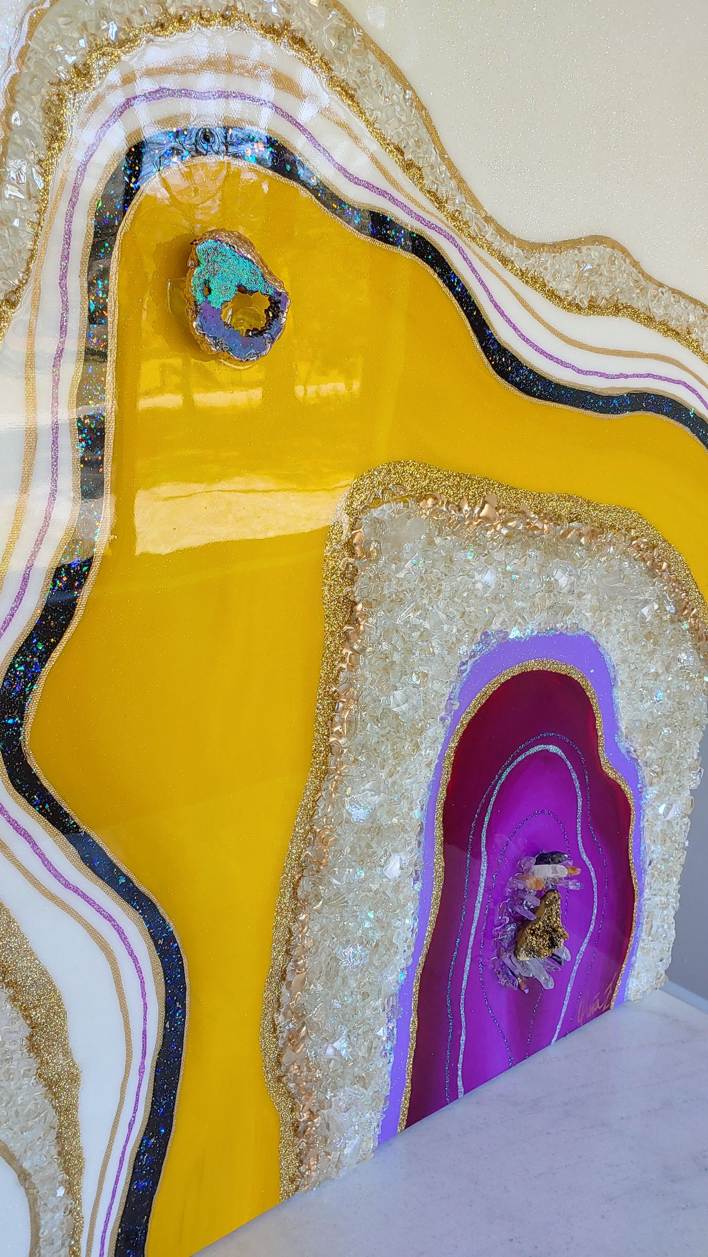 Retro resin original artwork in purple, turquoise & yellow