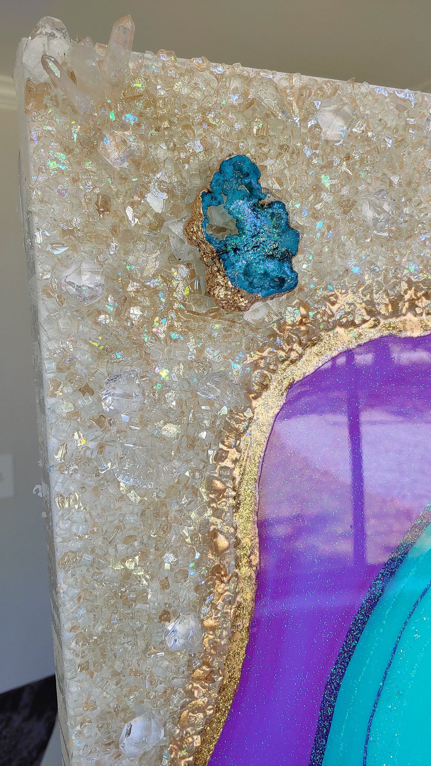 Retro resin original artwork in purple, turquoise & yellow