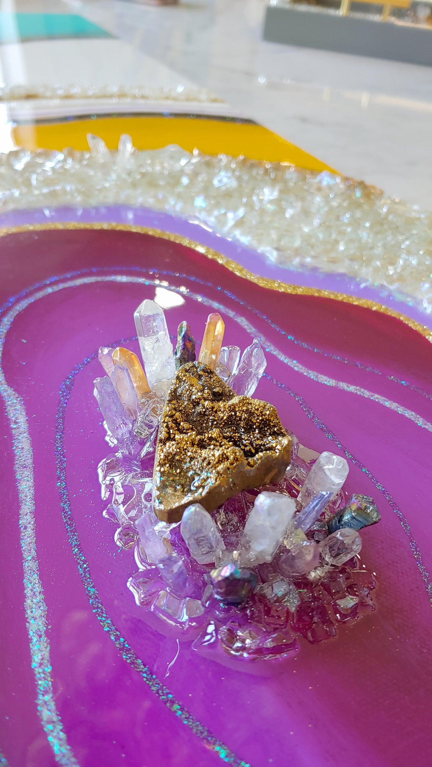 Retro resin original artwork in purple, turquoise & yellow