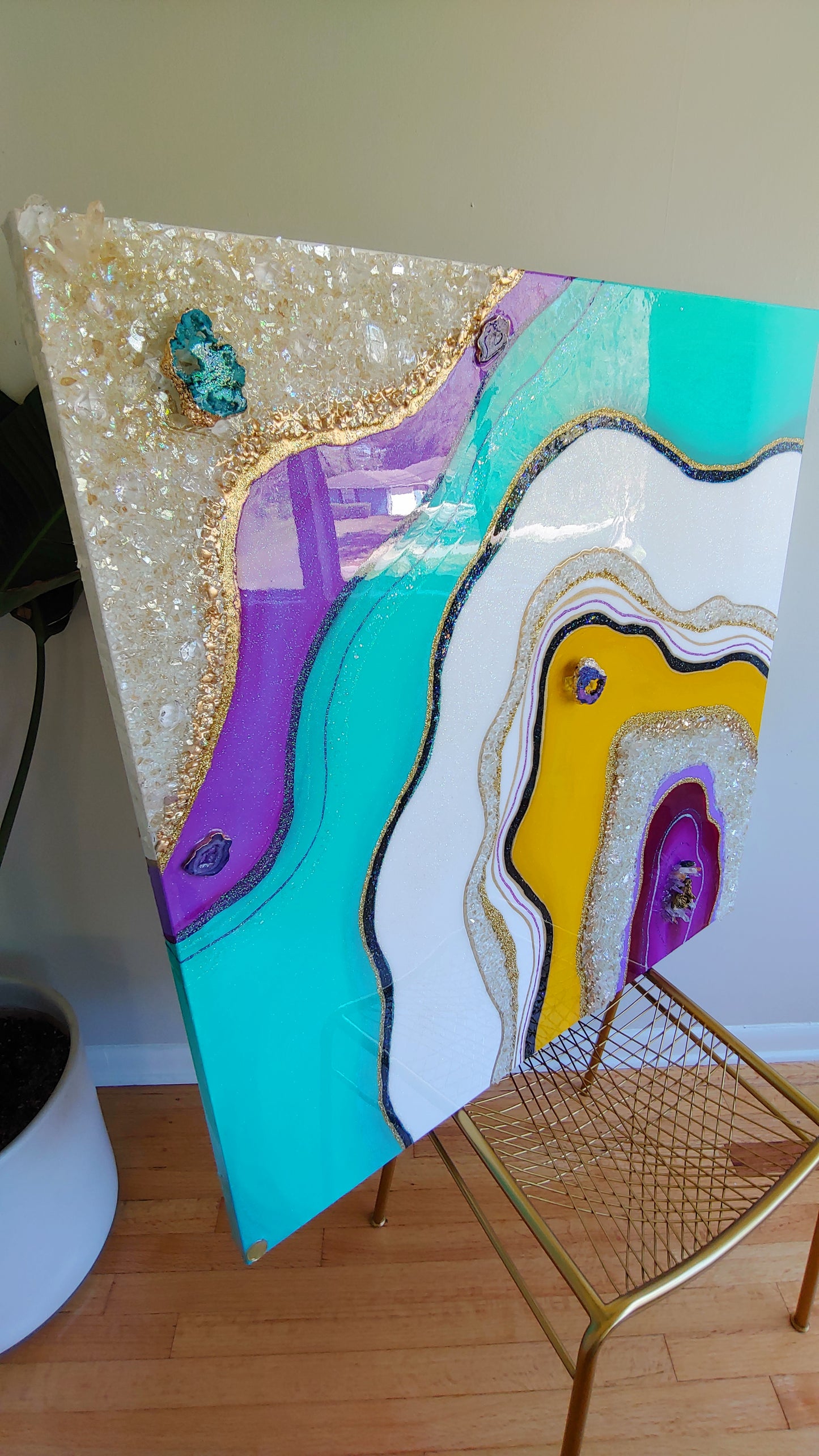 Retro resin original artwork in purple, turquoise & yellow