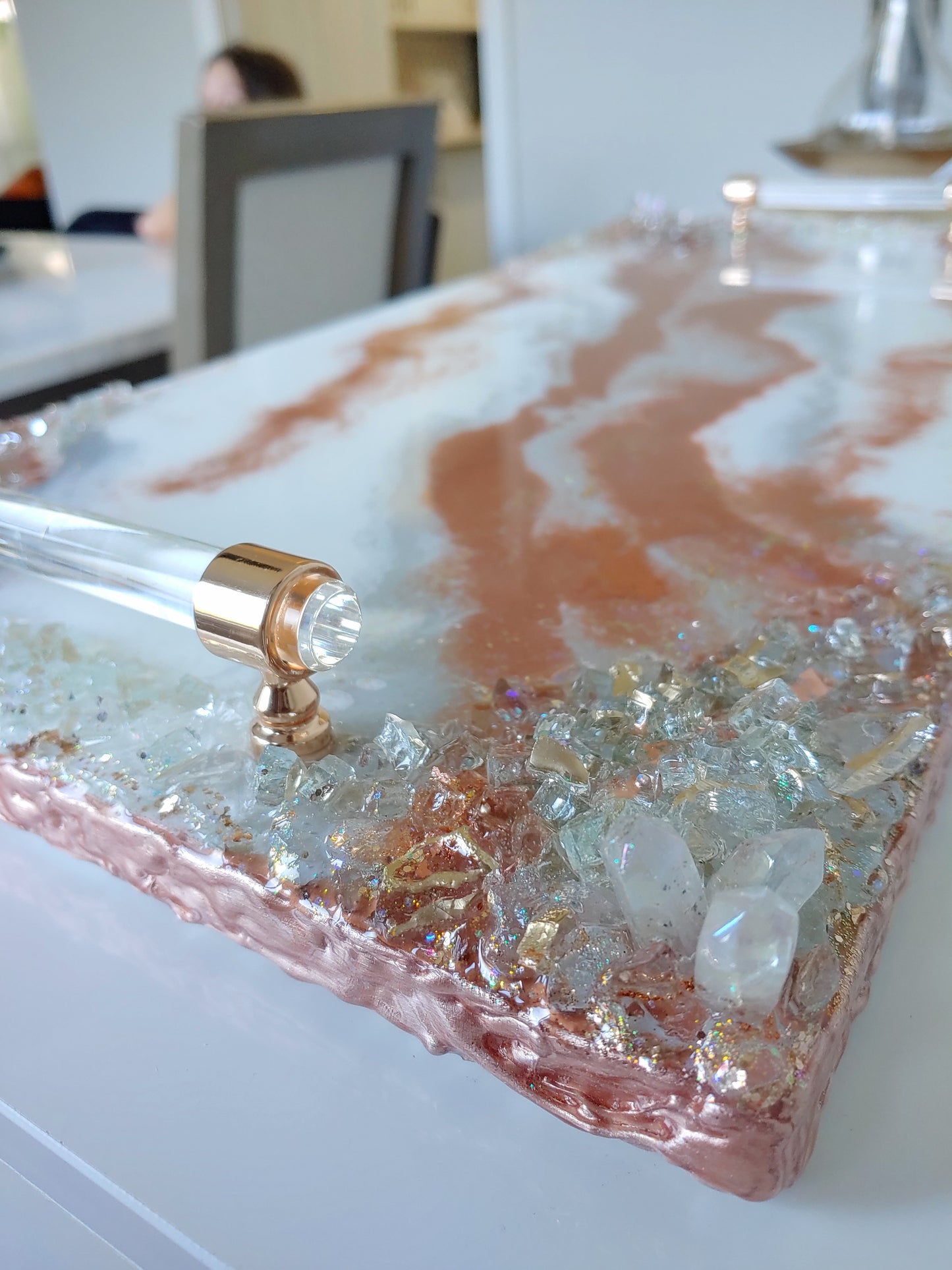 Rose Gold luxury resin tray with live edge, lucite handles & Coasters